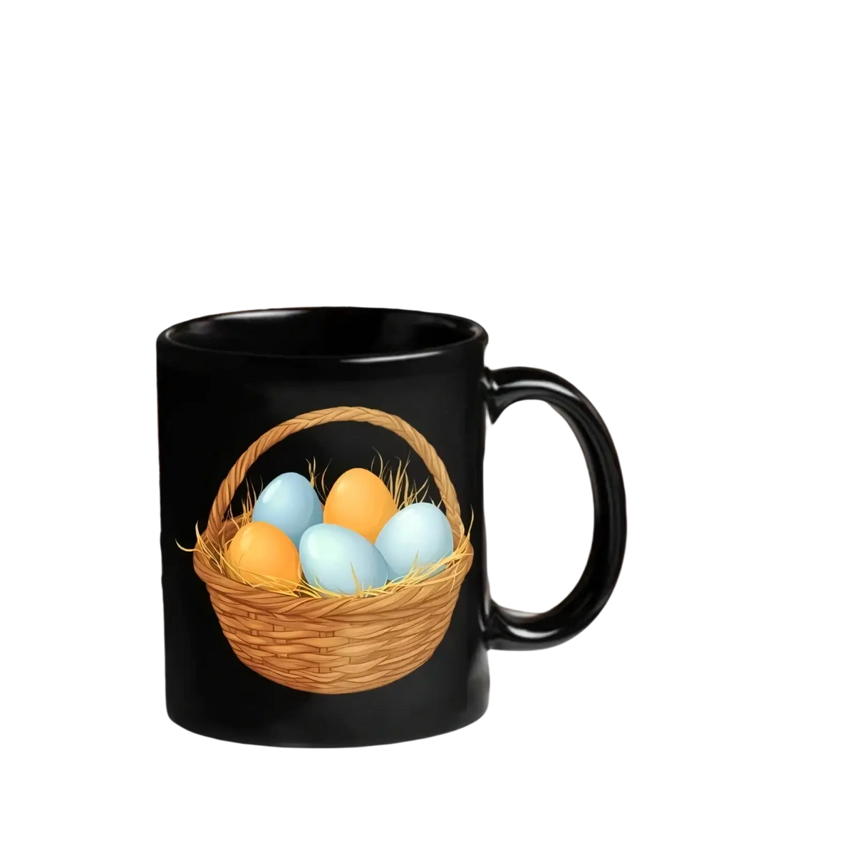 Black ceramic coffee mug featuring a colorful woven basket illustration filled with blue and orange Easter eggs