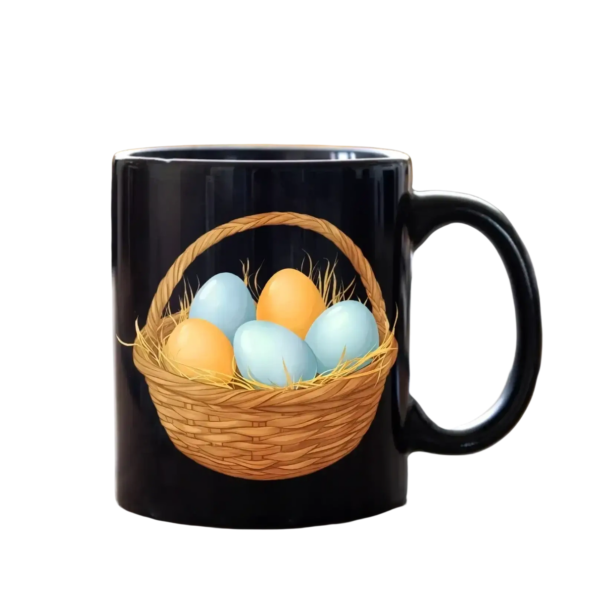 Black ceramic coffee mug featuring a colorful woven basket illustration with blue and orange easter eggs for spring use