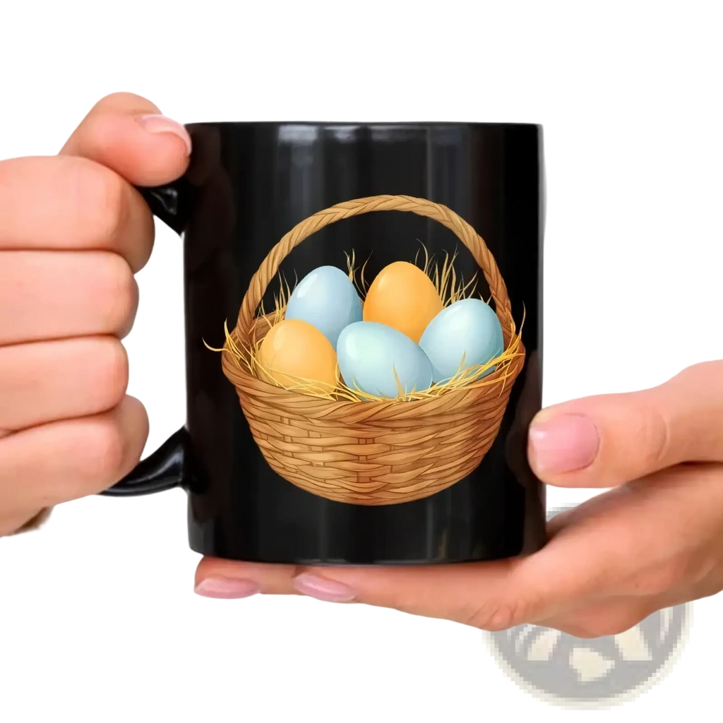 Black ceramic Easter egg coffee mug featuring a colorful woven basket illustration with blue and yellow eggs