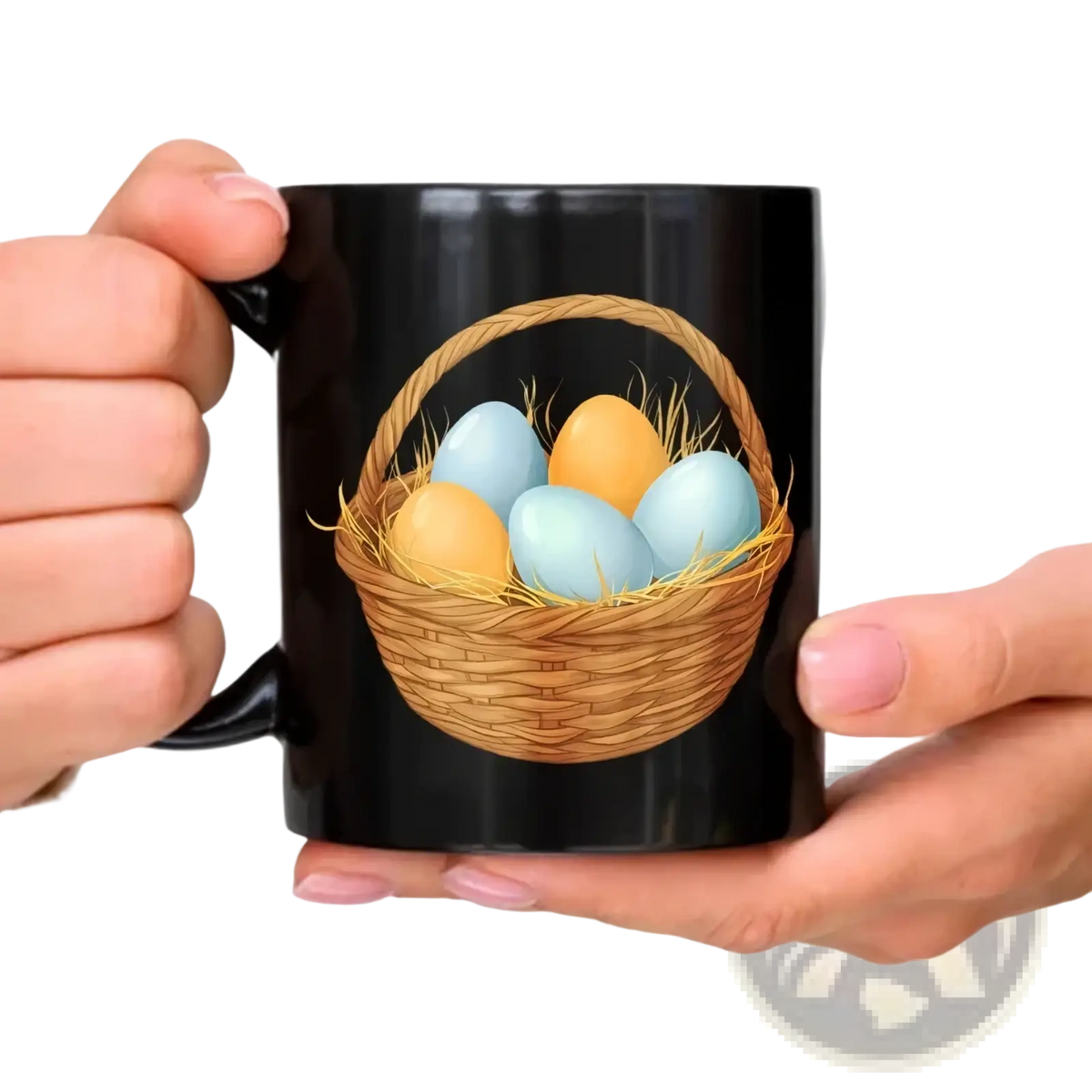 Black ceramic Easter egg coffee mug featuring a colorful woven basket illustration with blue and yellow eggs