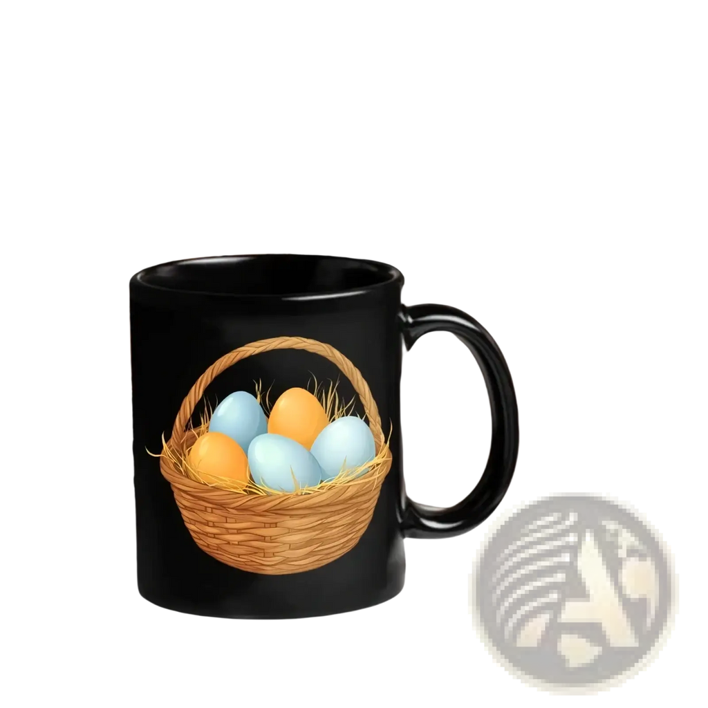 Black ceramic coffee mug featuring a colorful woven basket illustration filled with blue and orange Easter eggs