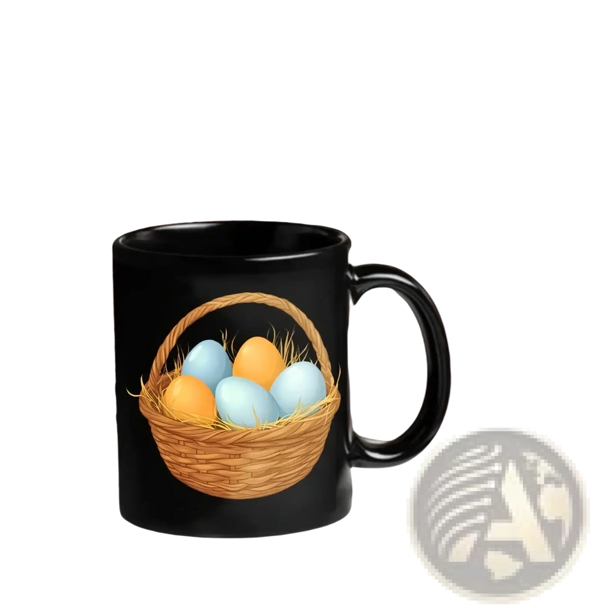 Black ceramic coffee mug featuring a colorful woven basket illustration filled with blue and orange Easter eggs
