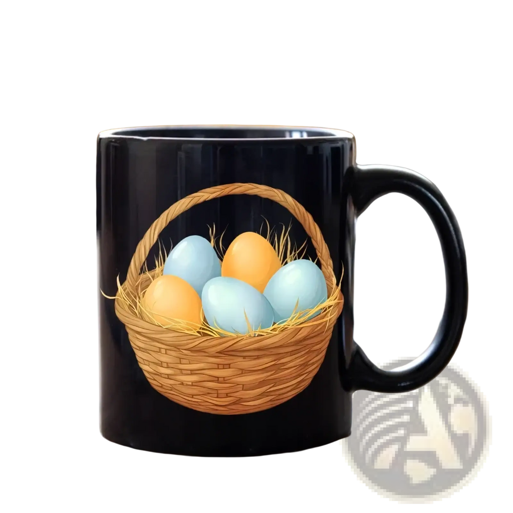 Black ceramic Easter egg coffee mug featuring a colorful woven basket illustration with blue and orange eggs