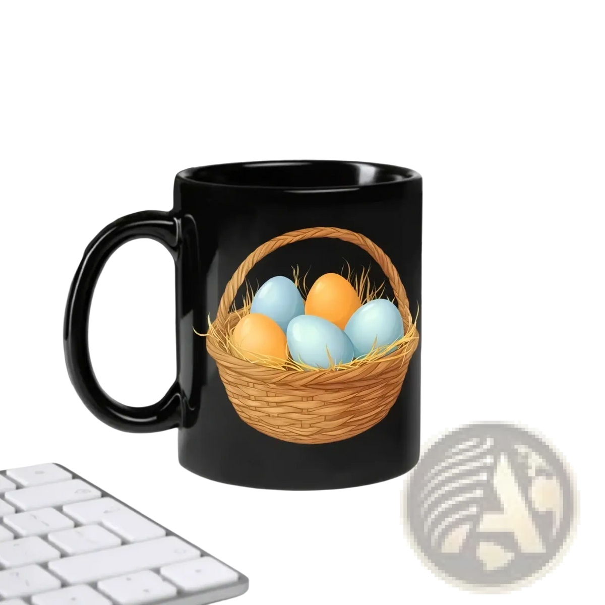 Black ceramic coffee mug featuring a colorful woven basket illustration with blue and orange Easter eggs for spring use
