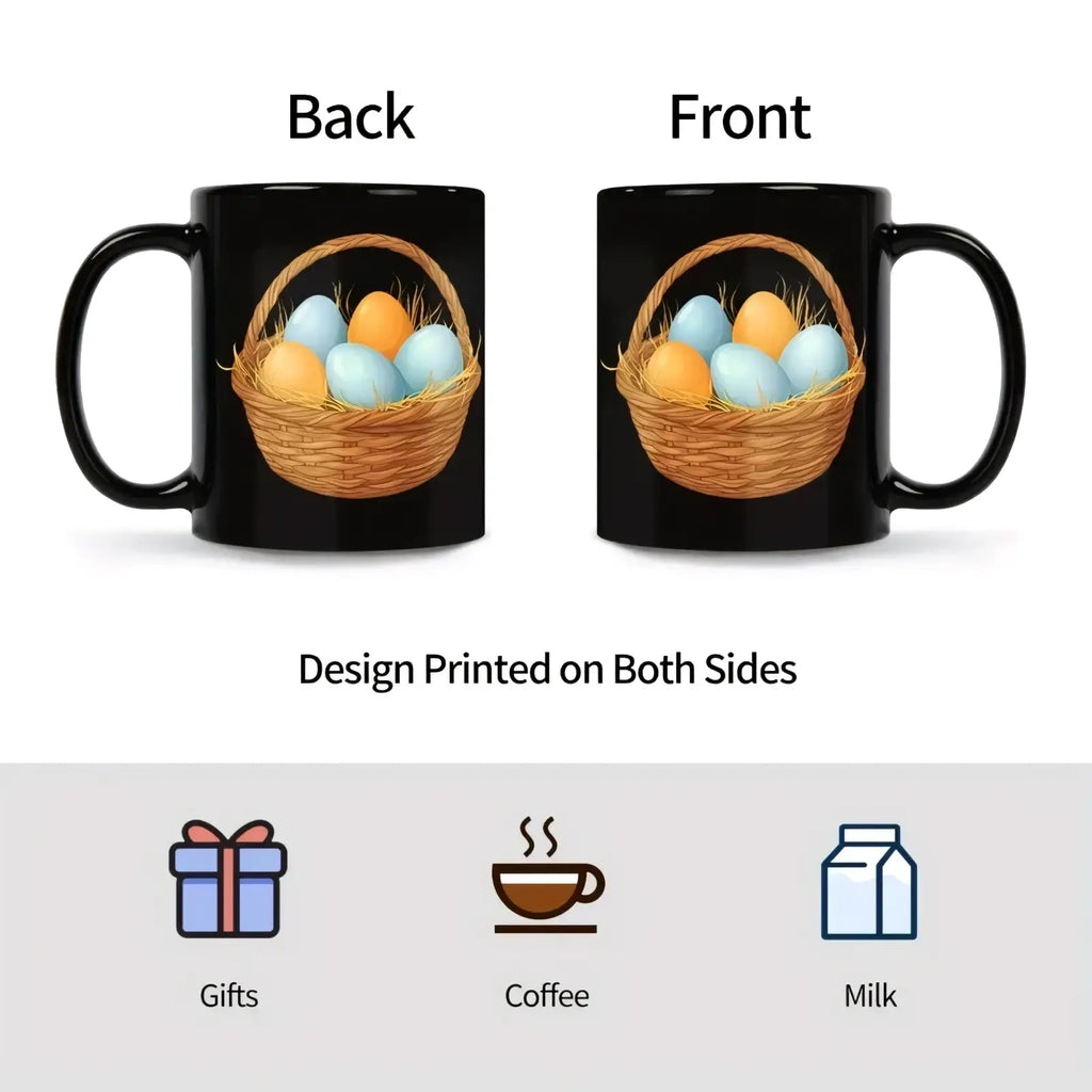 Black ceramic Easter egg coffee mug featuring a detailed woven basket illustration with blue and orange eggs