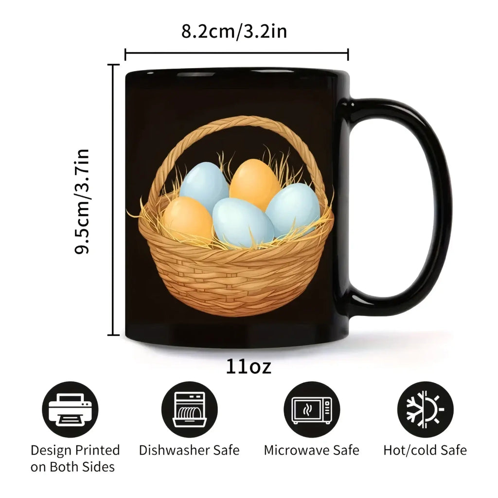 Black ceramic Easter egg coffee mug featuring a woven basket illustration with blue and yellow eggs for spring