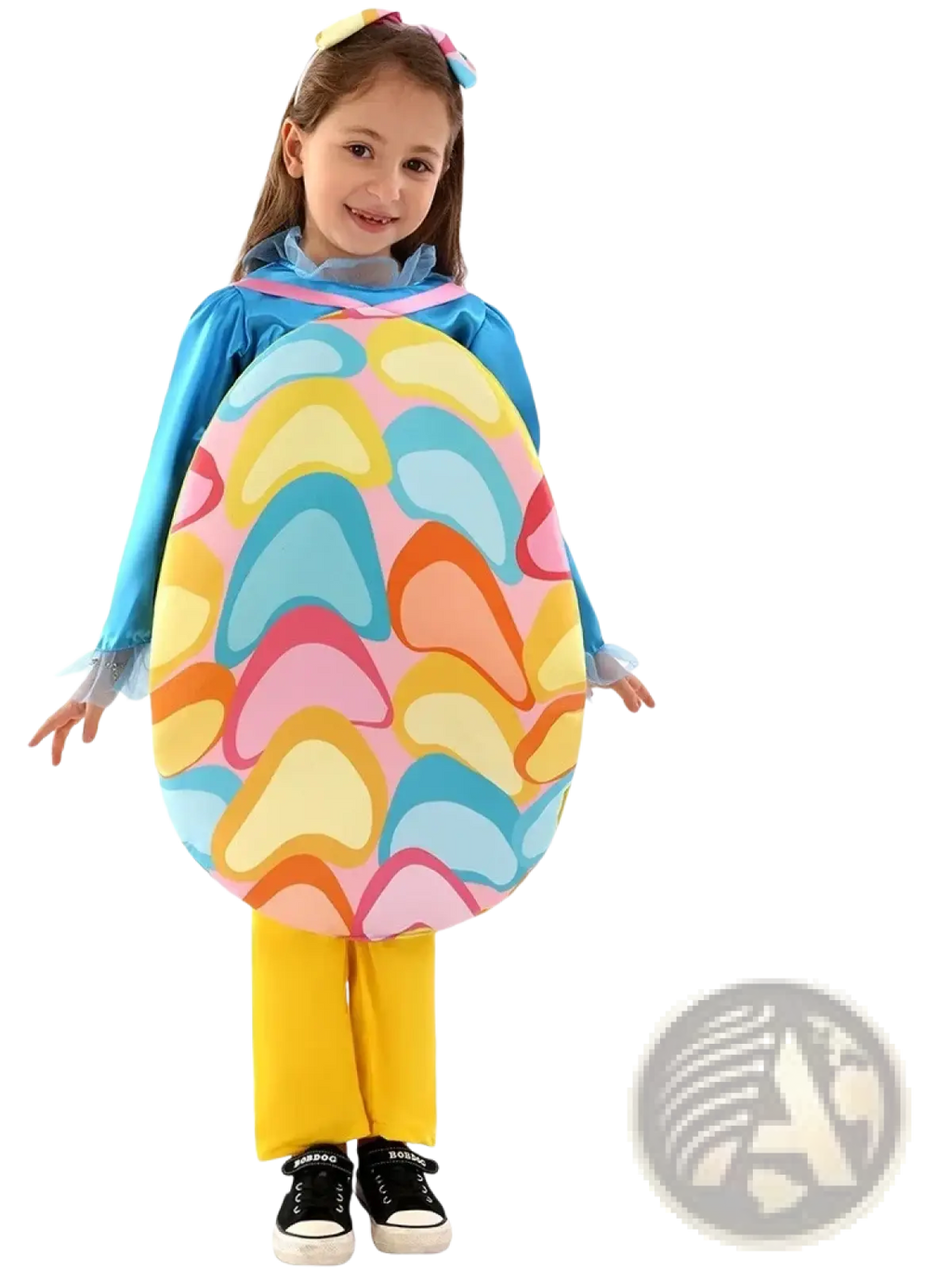 Egg-shaped backpack with colorful pastel heart pattern in yellow blue pink orange and light green for kids easter egg costume