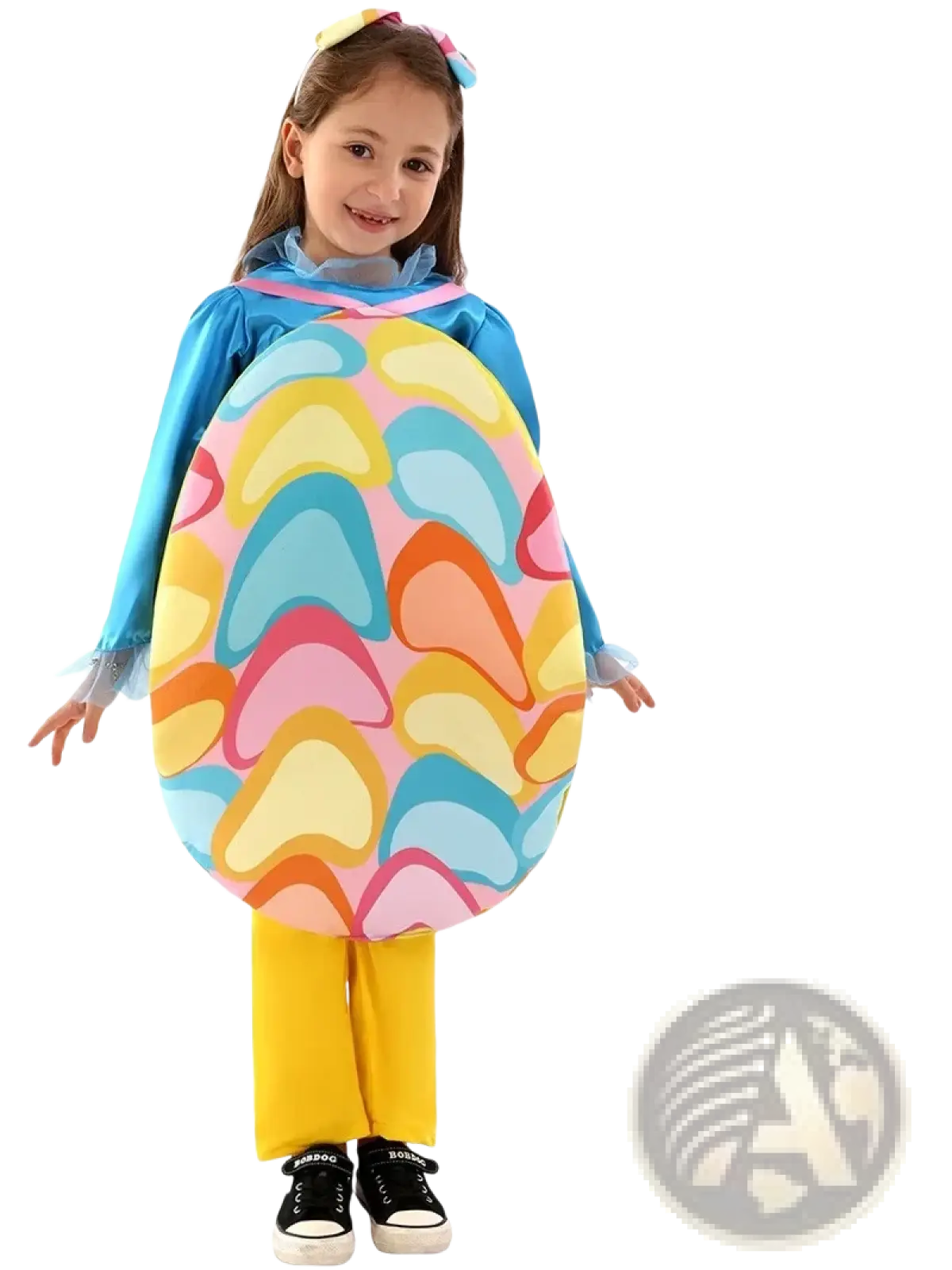 Egg-shaped backpack with colorful pastel heart pattern in yellow blue pink orange and light green for kids easter egg costume