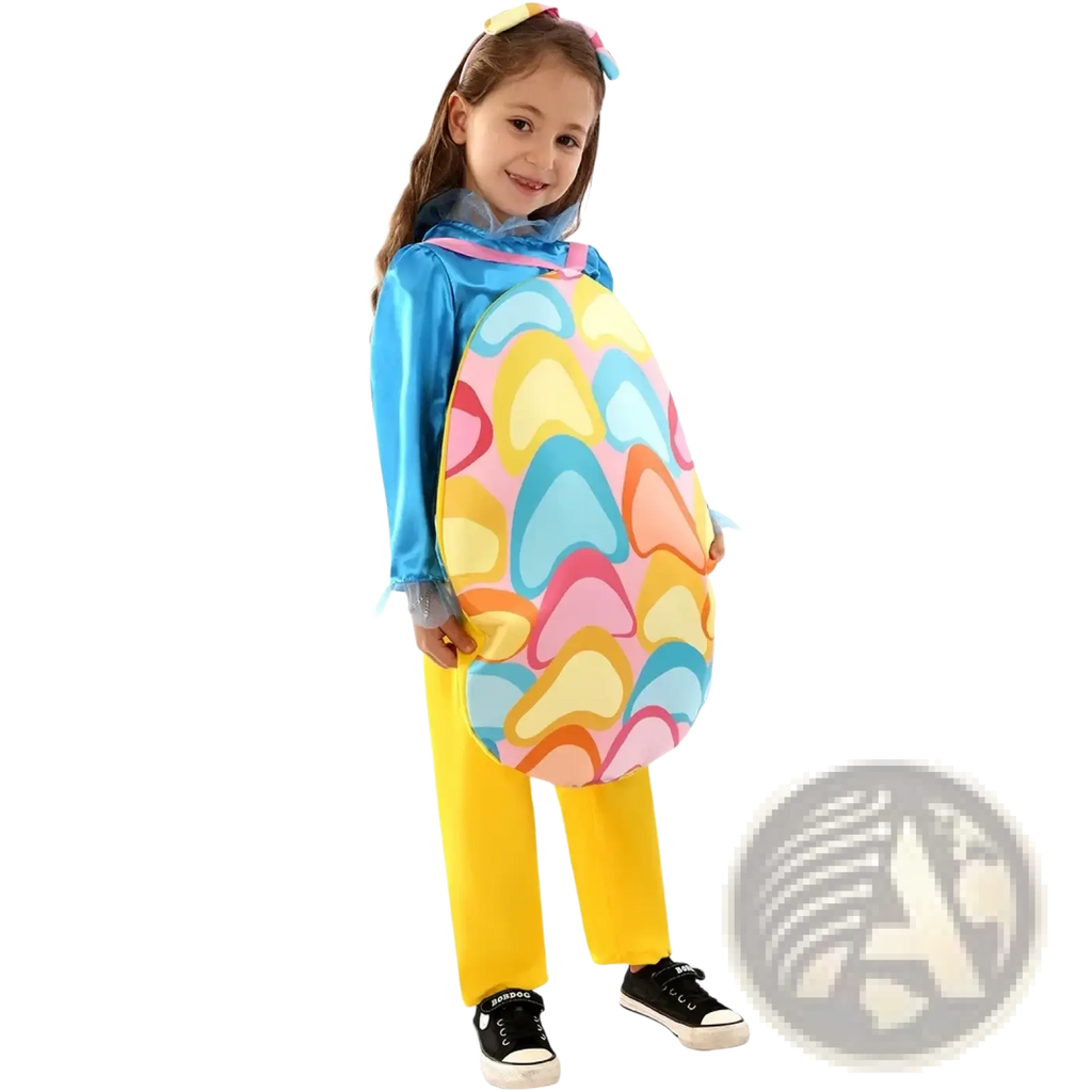 A child wearing an Easter egg costume with a pastel heart pattern in pink blue yellow and orange for kids party