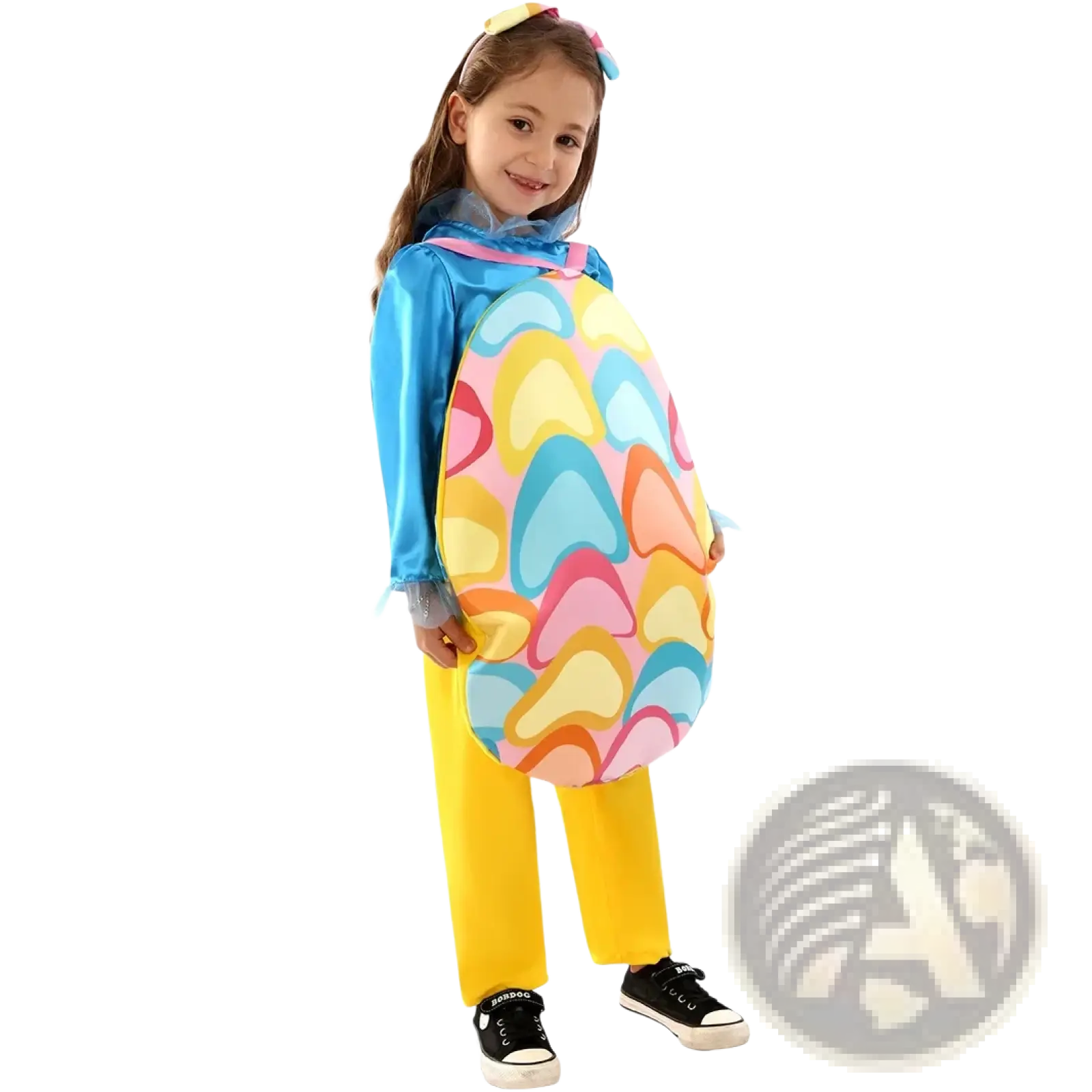 A child wearing an Easter egg costume with a pastel heart pattern in pink blue yellow and orange for kids party