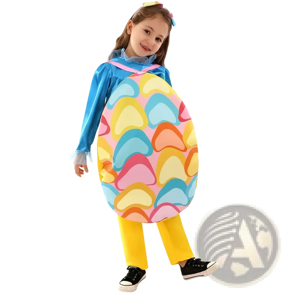 A child wearing an Easter egg costume with pastel heart patterns in pink yellow blue and orange for kids party
