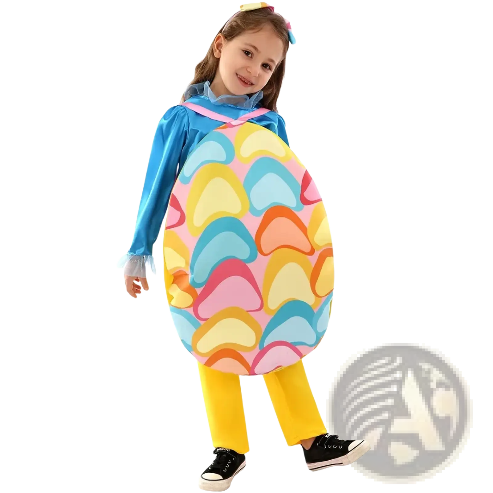 A child wearing an Easter egg costume with pastel heart patterns in pink yellow blue and orange for kids party
