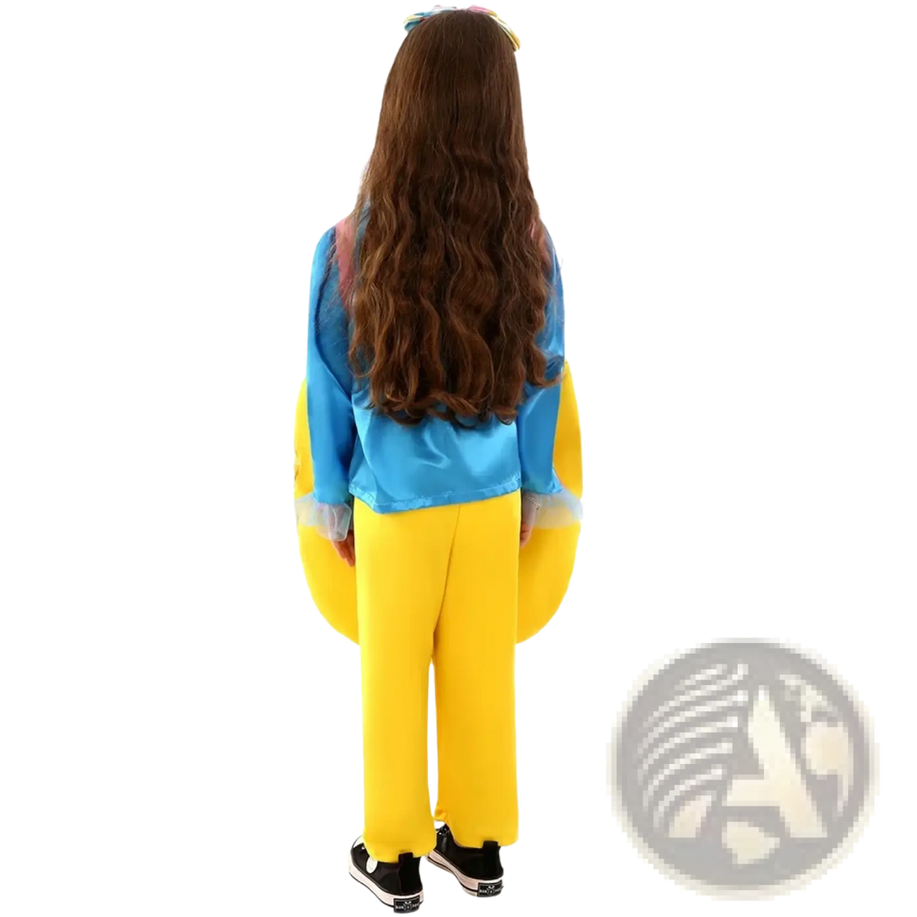 A child wearing a vibrant blue and yellow minion Easter egg costume for kids with pastel heart party outfit details