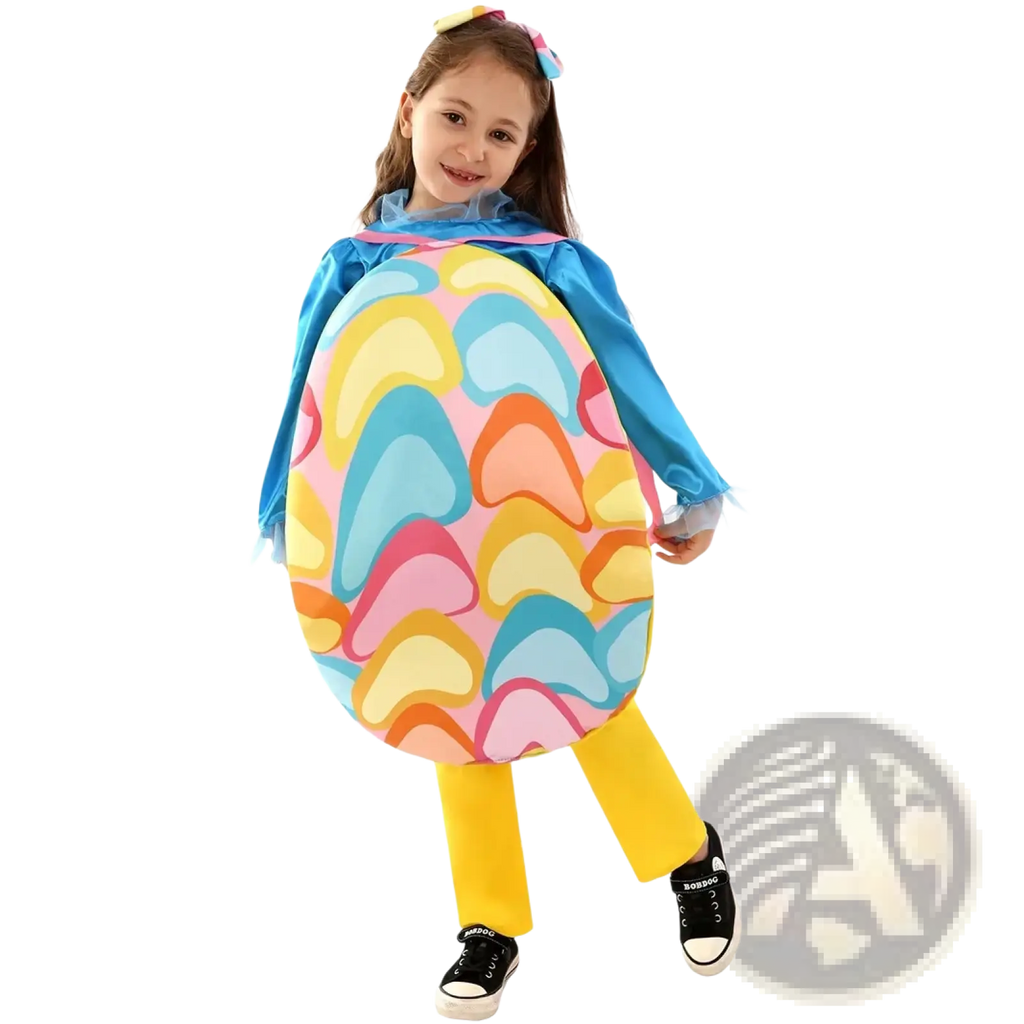 A child wearing a vibrant oversized easter egg costume with pastel heart patterns on a light pink background