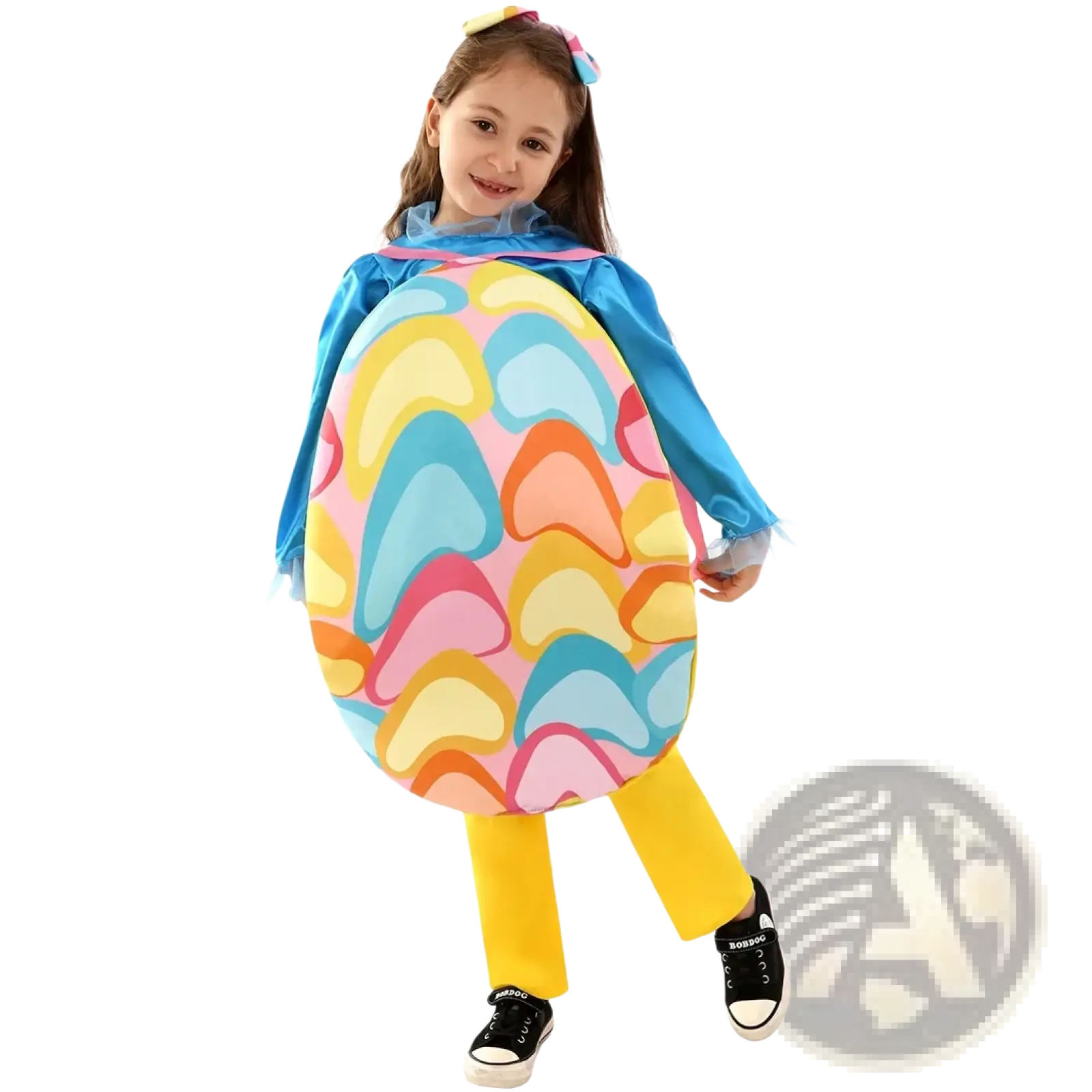 A child wearing a vibrant oversized easter egg costume with pastel heart patterns on a light pink background