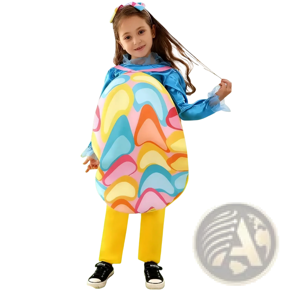 A child wearing a vibrant oversized easter egg costume with a colorful pastel heart pattern for kids party wear