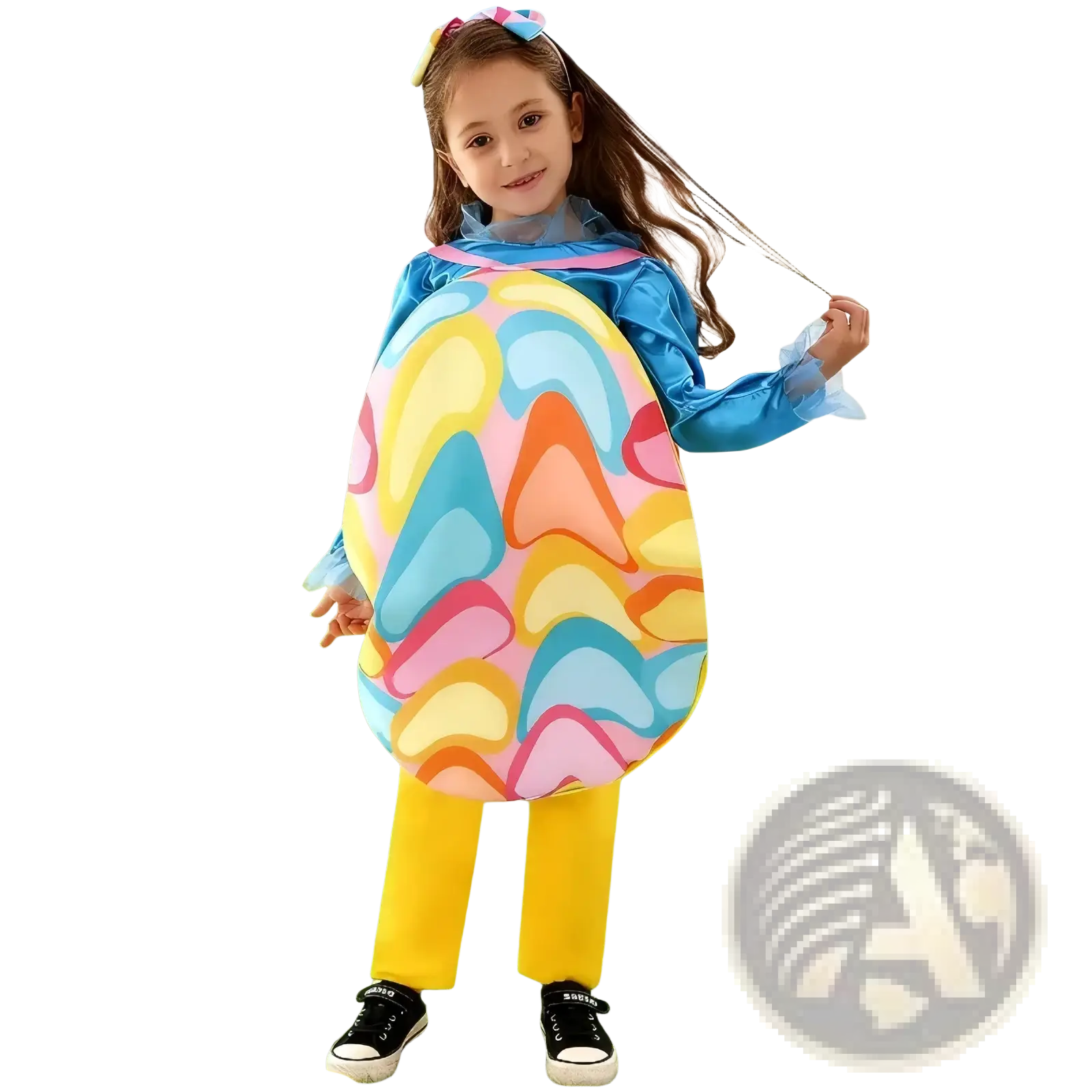 A child wearing a vibrant oversized easter egg costume with a colorful pastel heart pattern for kids party wear