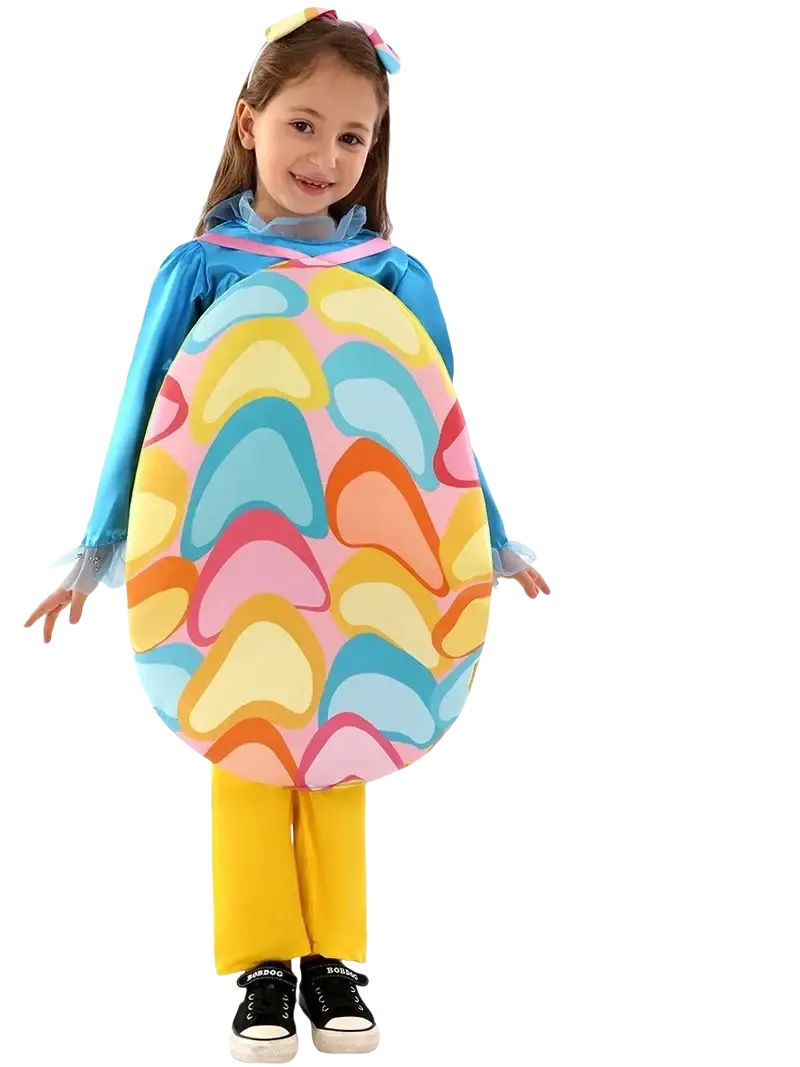 Egg-shaped backpack with colorful pastel heart pattern in yellow blue pink orange and light green for kids easter egg costume