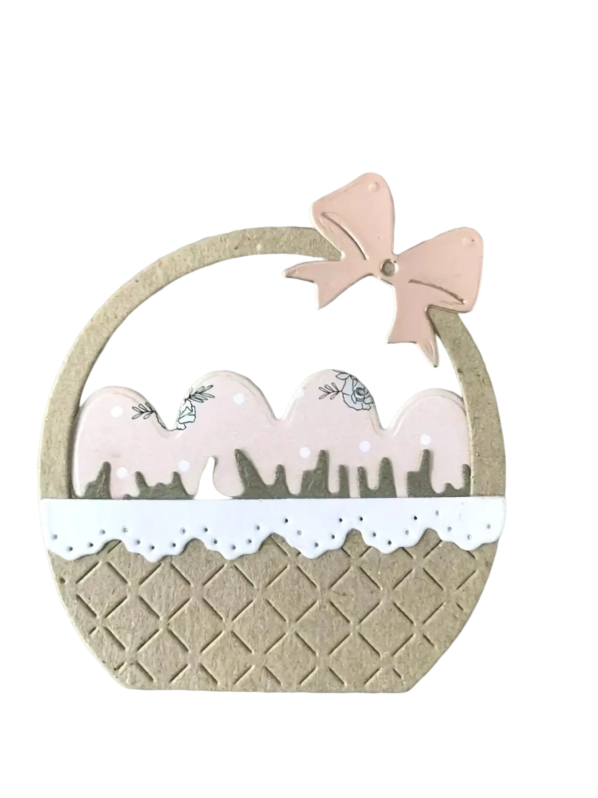 Easter egg flower basket metal cutting dies featuring a delicate pink and white paper basket charm with lace trim and bow