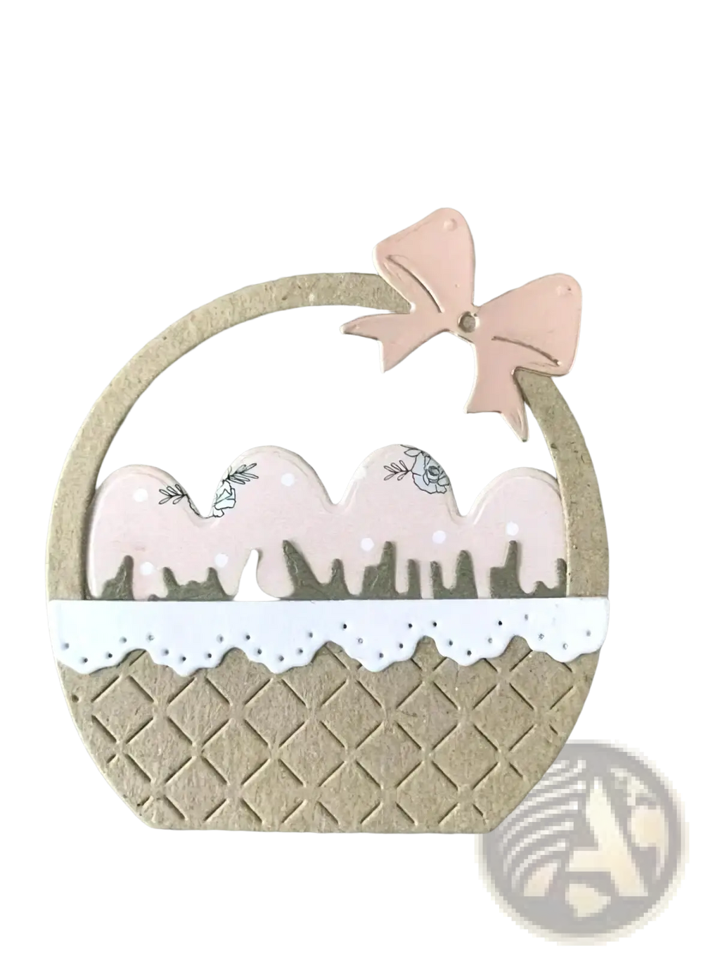 Easter egg flower basket metal cutting dies featuring a delicate pink and white paper basket charm with lace trim and bow
