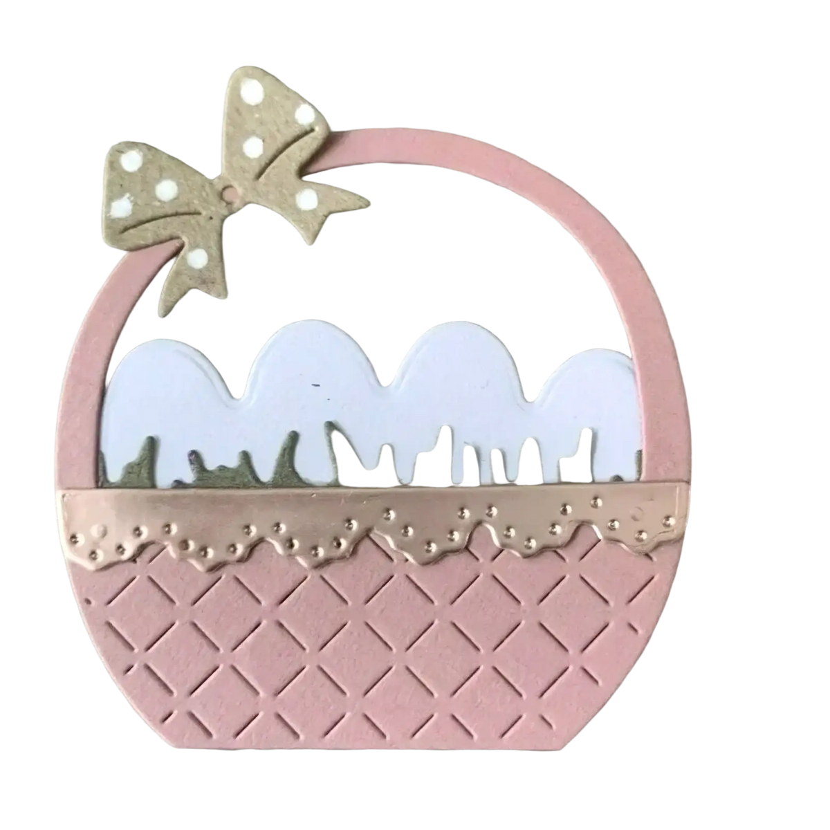 Easter egg flower basket metal cutting die featuring a pink die-cut basket with beige polka-dot bow and textured base