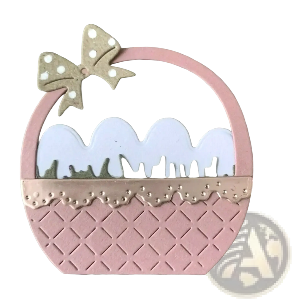 Easter egg flower basket metal cutting die featuring a pink die-cut basket with beige polka-dot bow and textured base