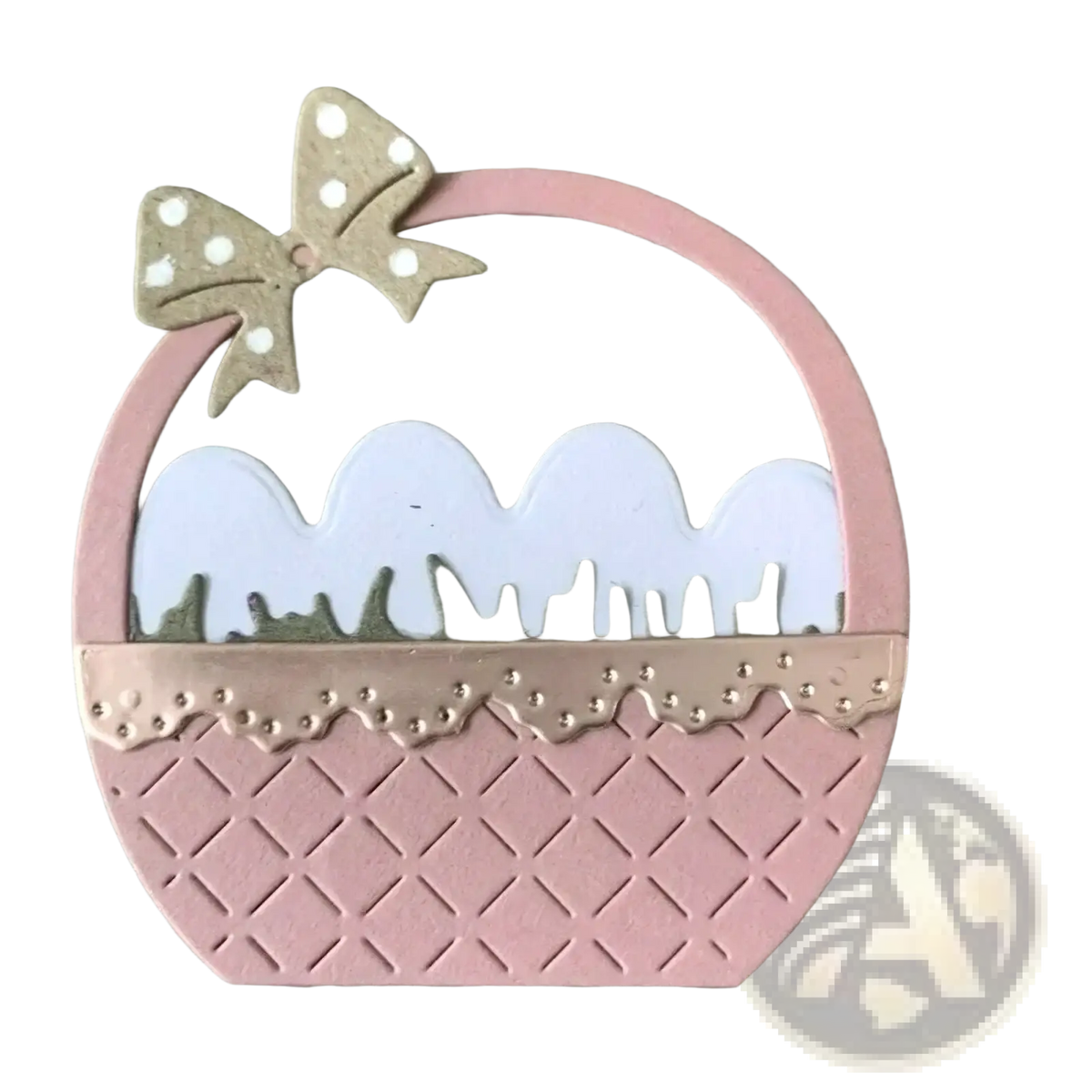 Easter egg flower basket metal cutting die featuring a pink die-cut basket with beige polka-dot bow and textured base