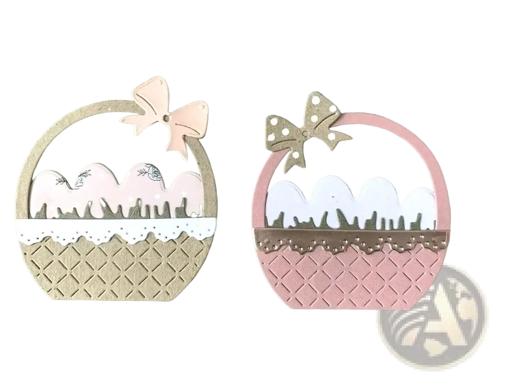 Two decorative metal cutting dies for Easter egg flower baskets featuring layered pastel egg designs in beige and pink