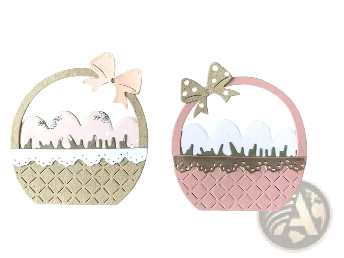 Two decorative metal cutting dies for Easter egg flower baskets featuring layered pastel egg designs in beige and pink