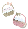Two decorative paper basket cutouts in beige with pink bow and soft pink with tan polka-dot bow for easter egg flower basket metal cutting dies