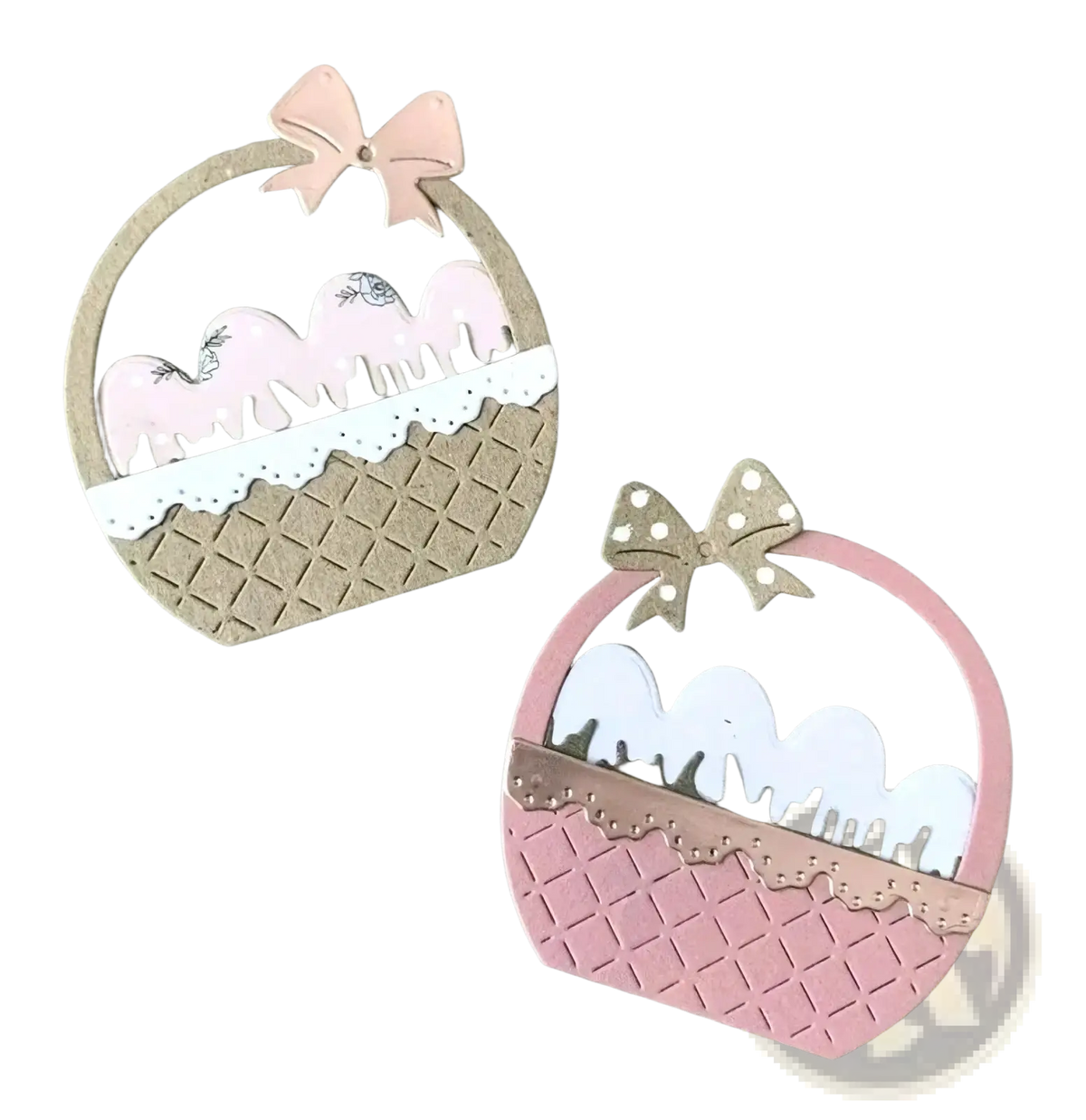Two decorative paper basket cutouts in beige with pink bow and soft pink with tan polka-dot bow for easter egg flower basket metal cutting dies