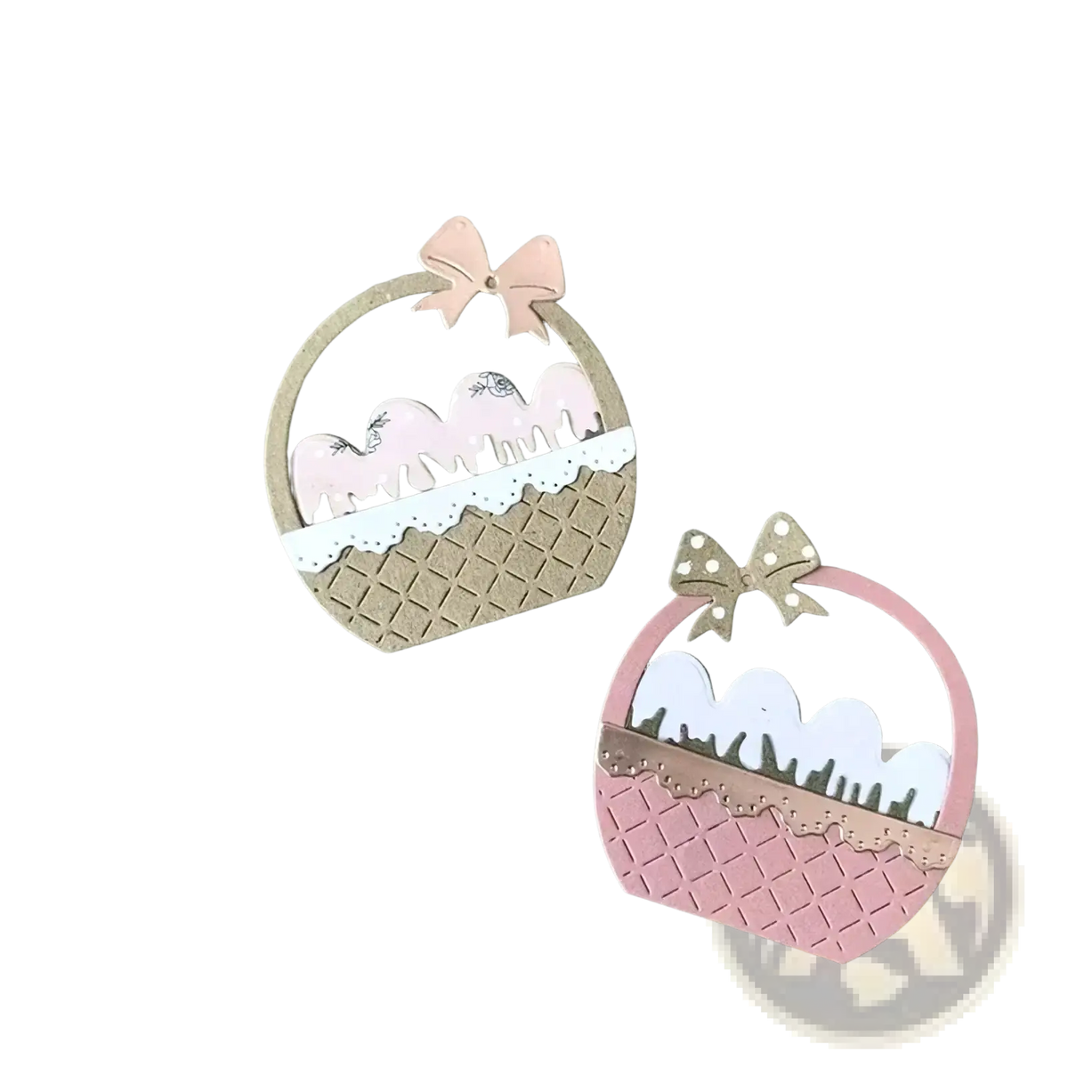 Two pastel-colored paper baskets in beige and pink with bows made using Easter egg flower basket metal cutting dies