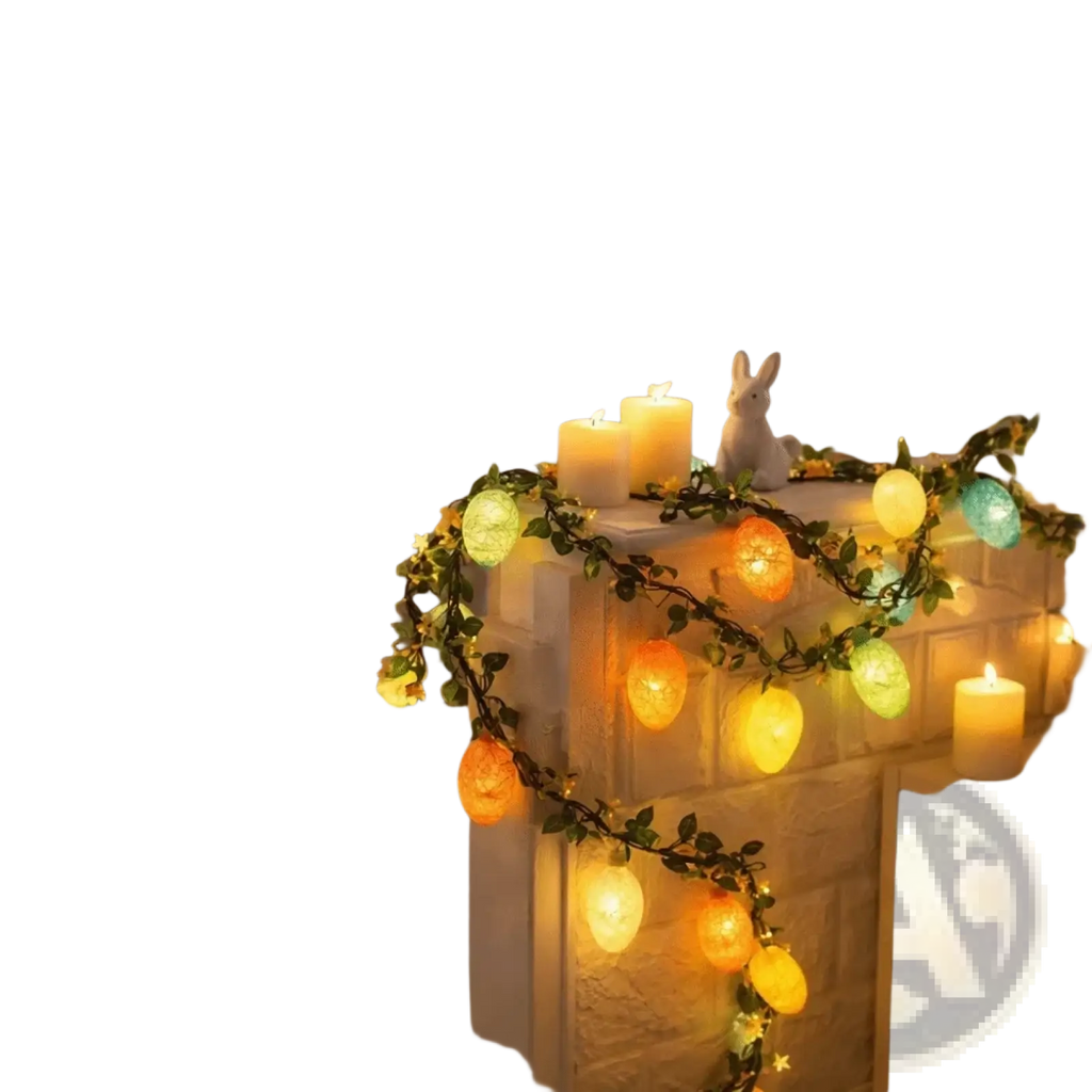 Easter egg led light garland twig string 2m with colorful egg-shaped lights and green vine accents glowing warmly