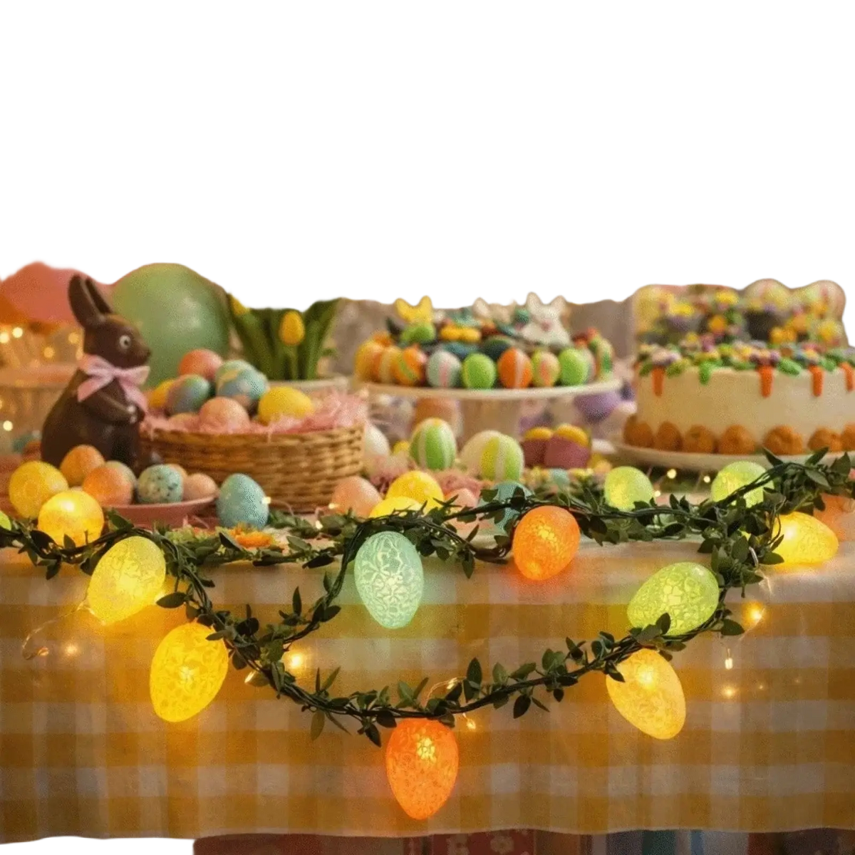 Easter egg led light garland 2m with egg-shaped warm yellow and orange bulbs strung on a green vine twig string