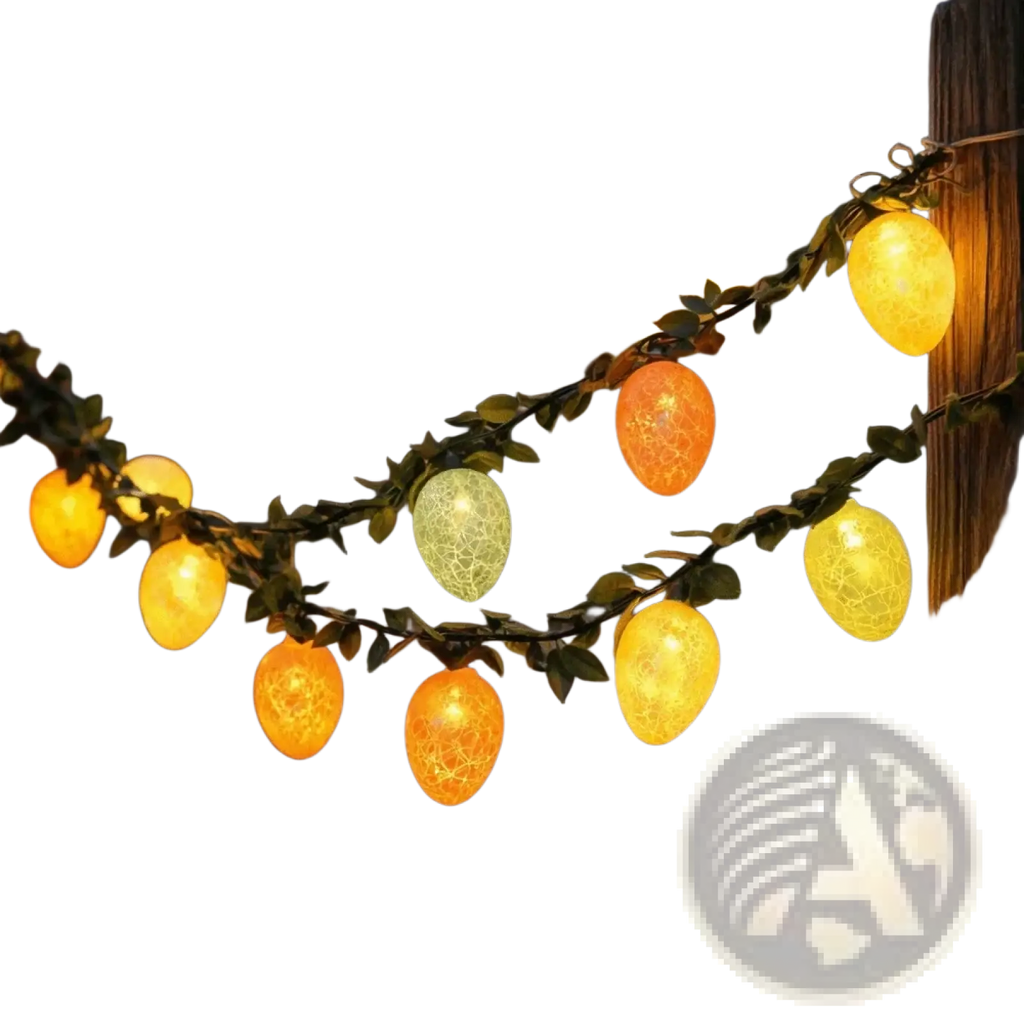 String of warm-toned crackled-glass easter egg led lights with green foliage accents on a 2m twig garland string