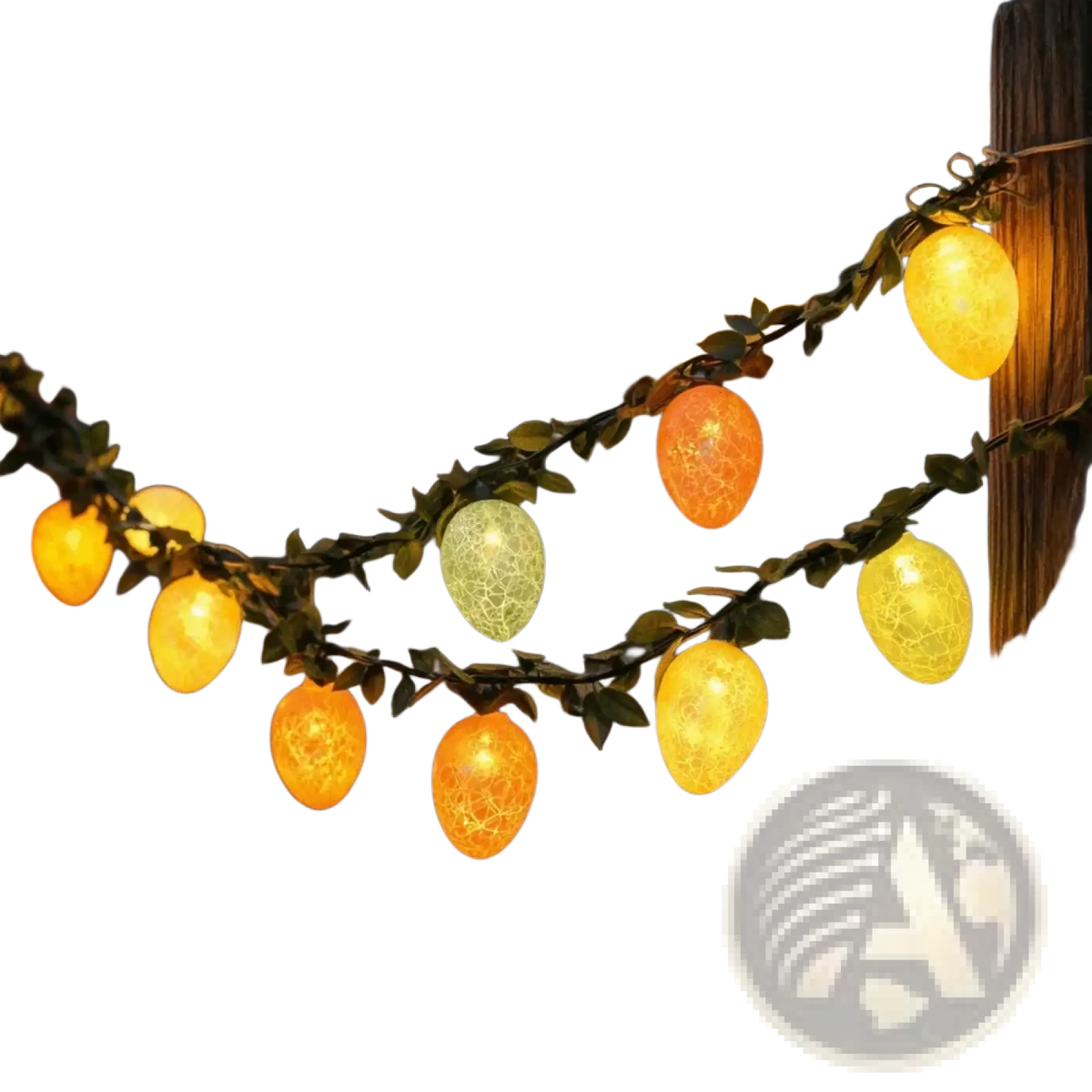 String of warm-toned crackled-glass easter egg led lights with green foliage accents on a 2m twig garland string