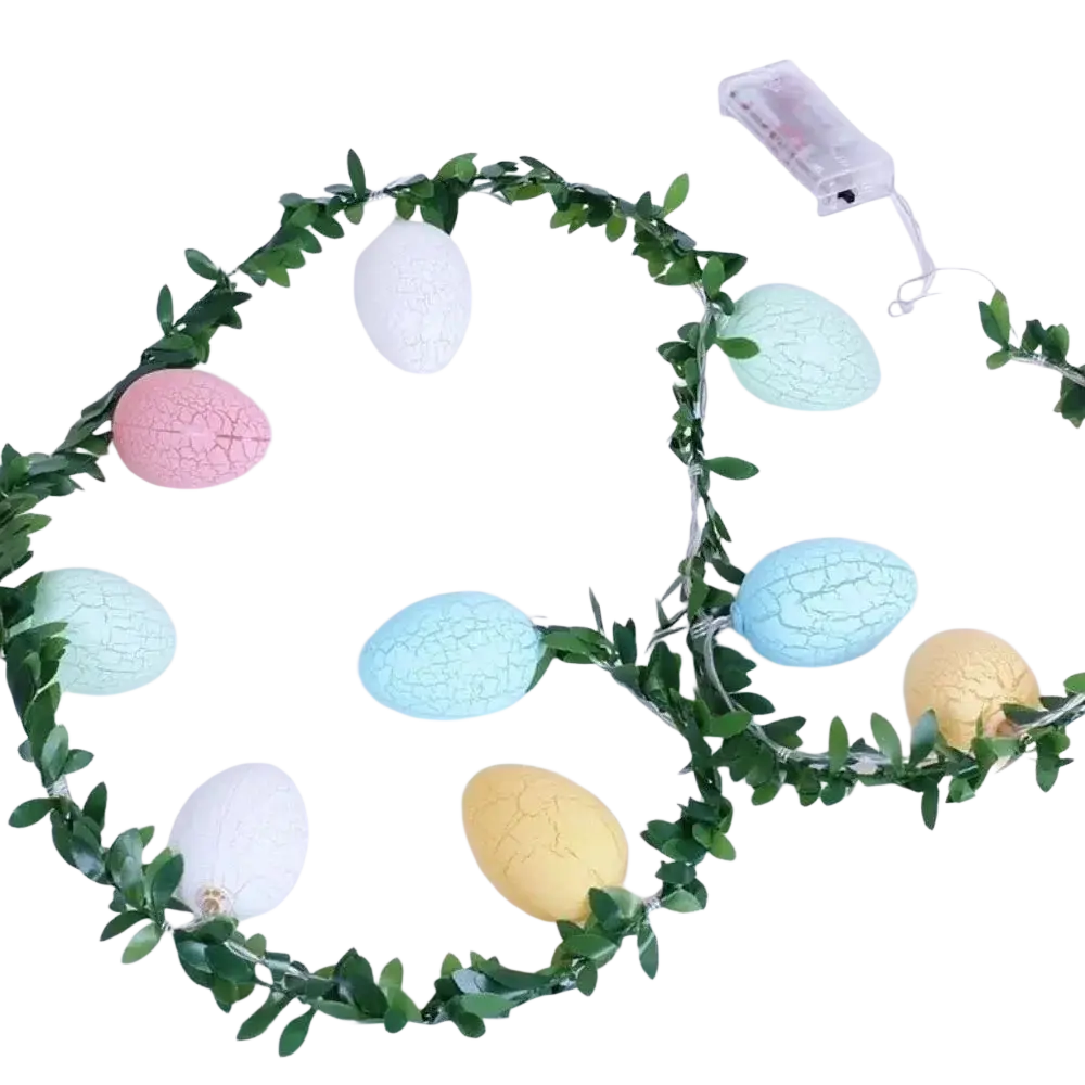 Easter egg led light garland 2m with pastel-colored crackled egg-shaped lights nestled on green vine twig string