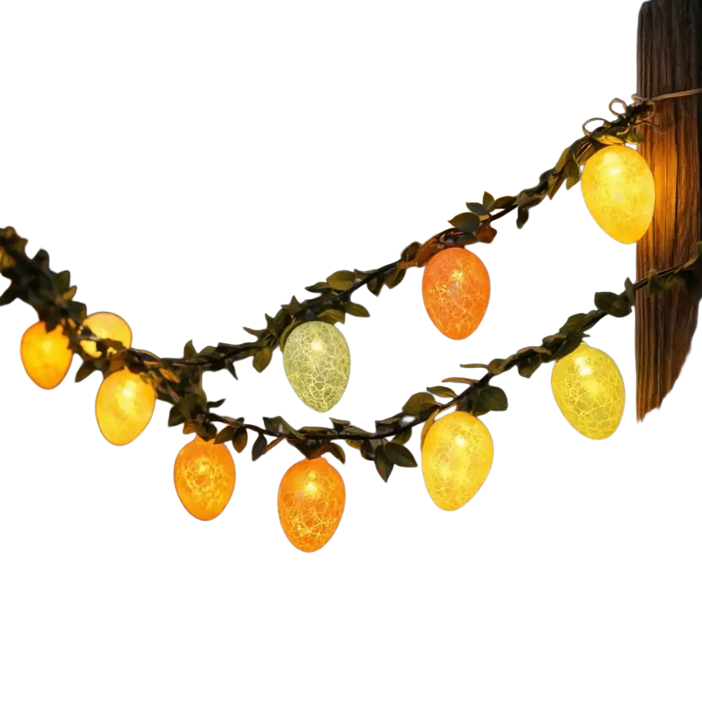 String of warm-toned crackled-glass easter egg led lights with green foliage accents on a 2m twig garland string