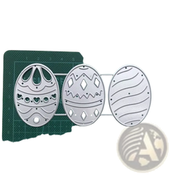 Set of three silver metal easter egg cutting dies with intricate patterns for card making and decoration