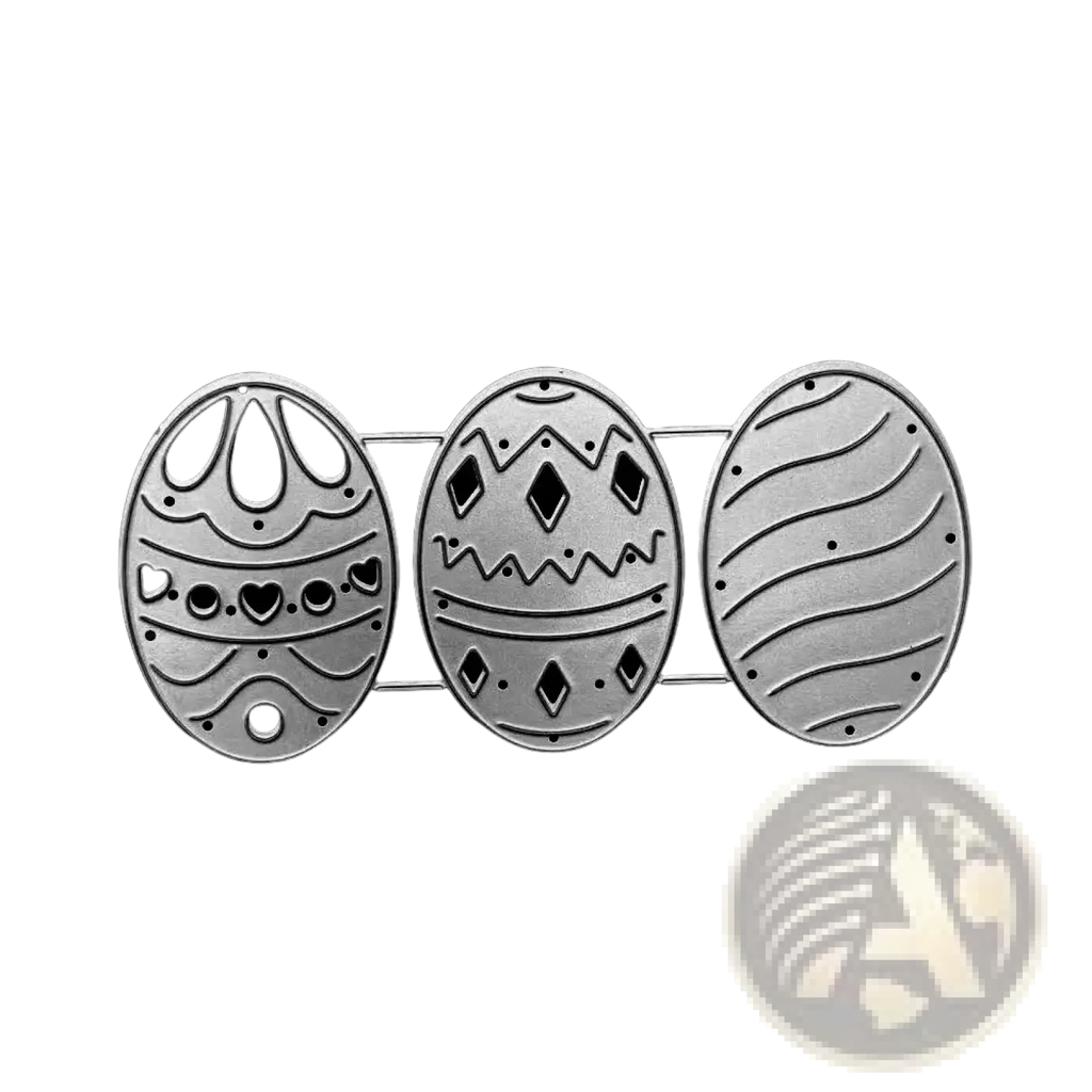 Silver metal easter egg shaped belt buckle with intricate cut out patterns and vintage finish for card making
