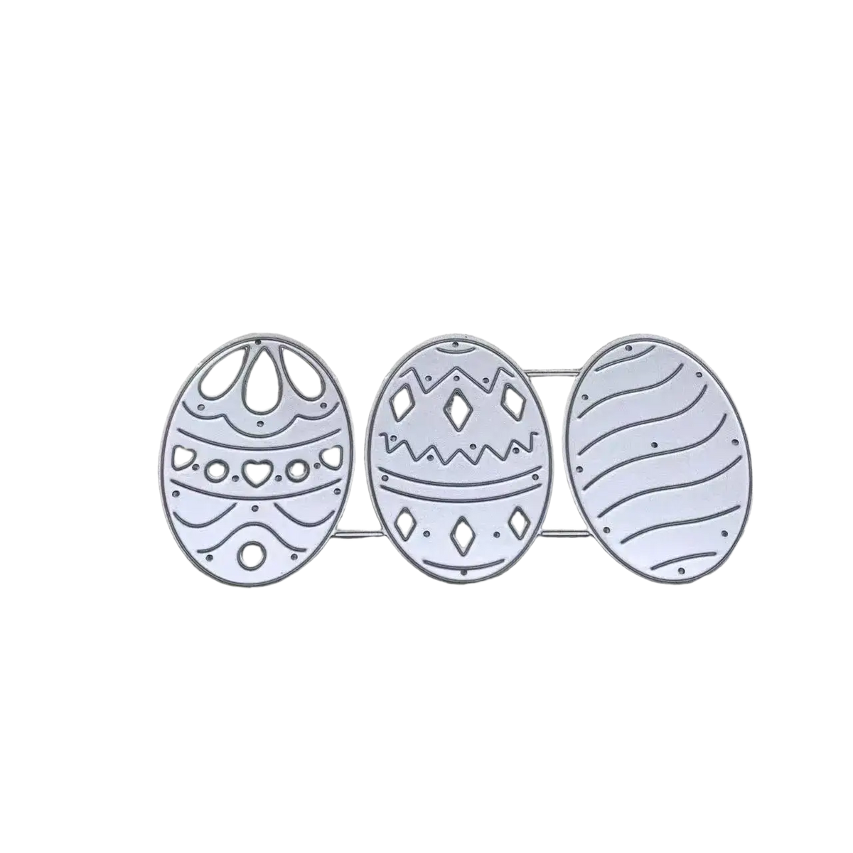 Set of three silver metal easter egg-shaped die-cutters with intricate patterns for card making