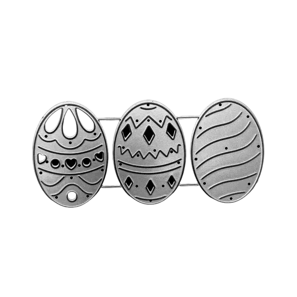 Silver metal easter egg shaped belt buckle with intricate cut out patterns and vintage finish for card making