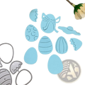 Light blue easter egg metal cutting dies and die cut shapes arranged on a textured surface for scrapbooking