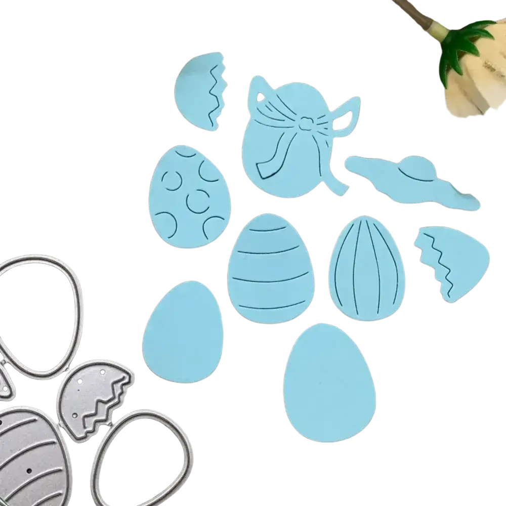 Light blue easter egg metal cutting dies featuring eggs bunny and broken egg pieces for scrapbooking use