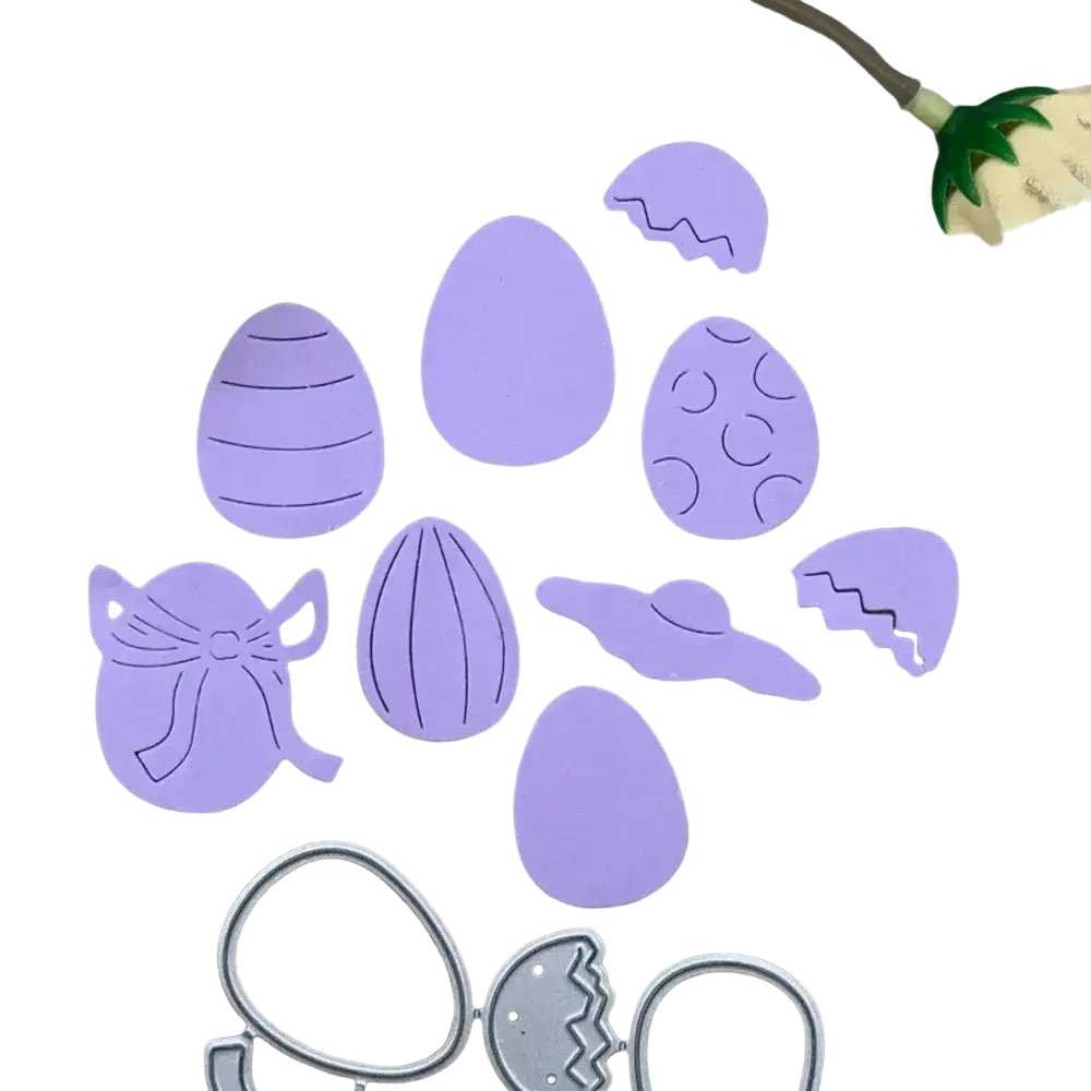 Set of lavender easter egg metal cutting dies with decorative patterns for scrapbooking and crafting projects