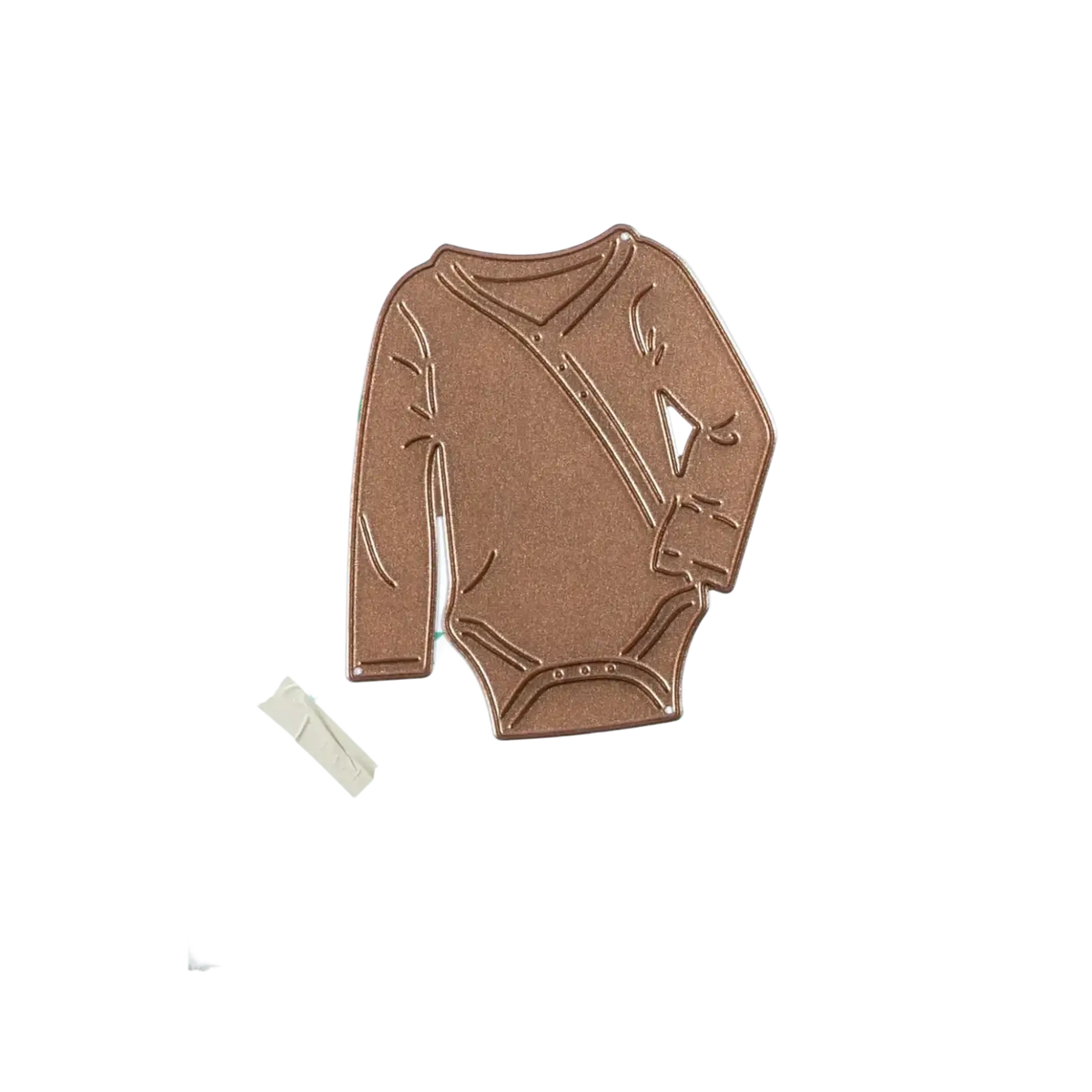 Bronze-colored metal die cutout of a long-sleeved baby onesie with snap closures from easter egg rabbit baby cutting dies