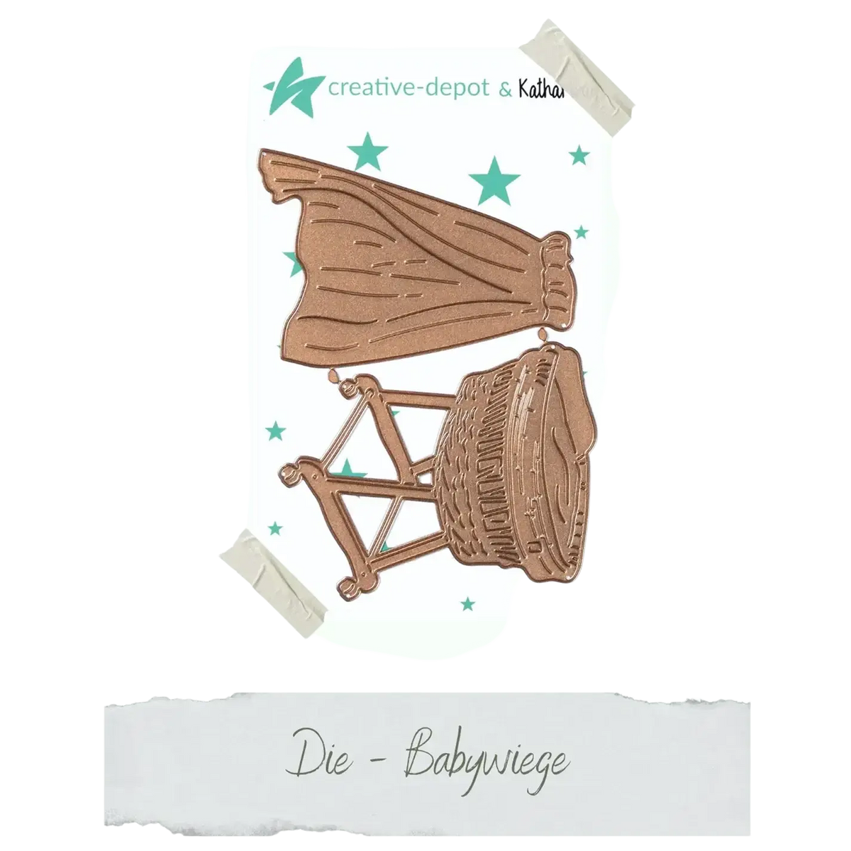 Bronze-colored metal Easter egg rabbit baby cutting dies featuring a detailed baby cradle with woven texture and decorative legs