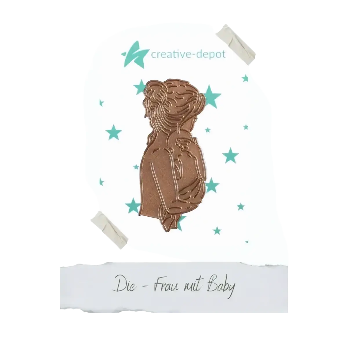 Bronze-colored metal die-cut silhouette of a woman holding a baby with intricate detailing for easter egg rabbit baby cutting dies