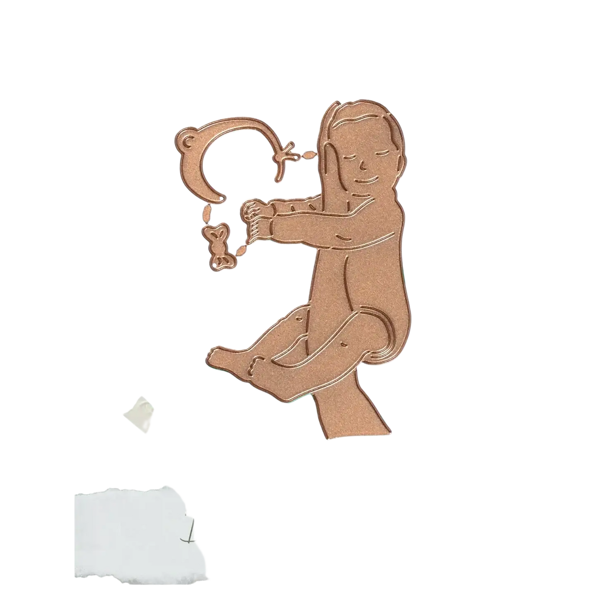Bronze-colored metal die-cut silhouette of a baby holding a crescent mobile with stars and bears for easter egg rabbit baby cutting dies