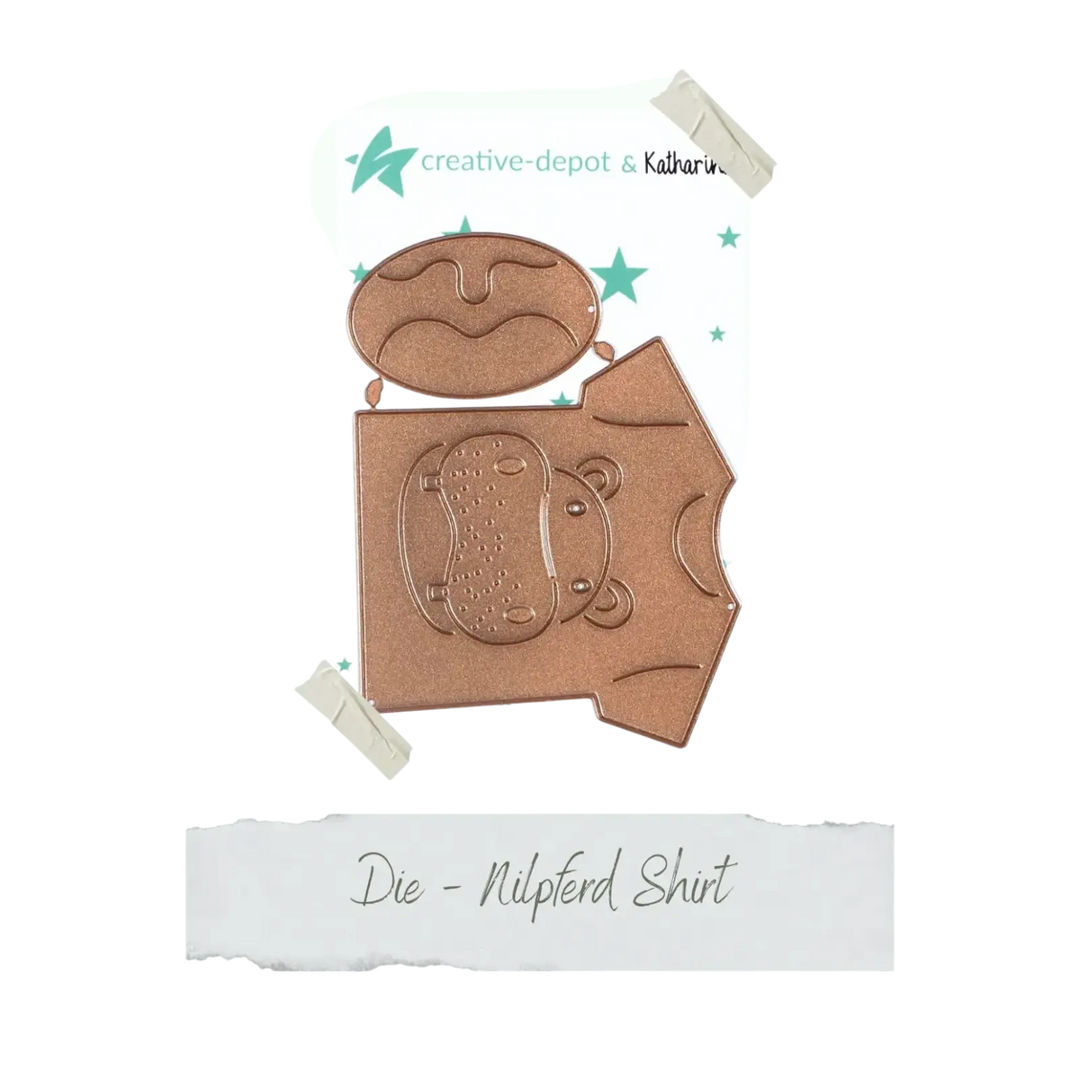 Bronze-colored metal die-cut set shaped like a hippo wearing a shirt for easter egg rabbit baby cutting dies